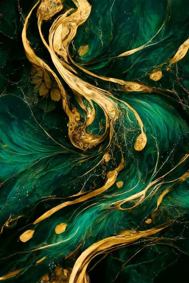 Emerald Swirls with Golden Accents, emerald green, gold, SD Phone Wallpaper