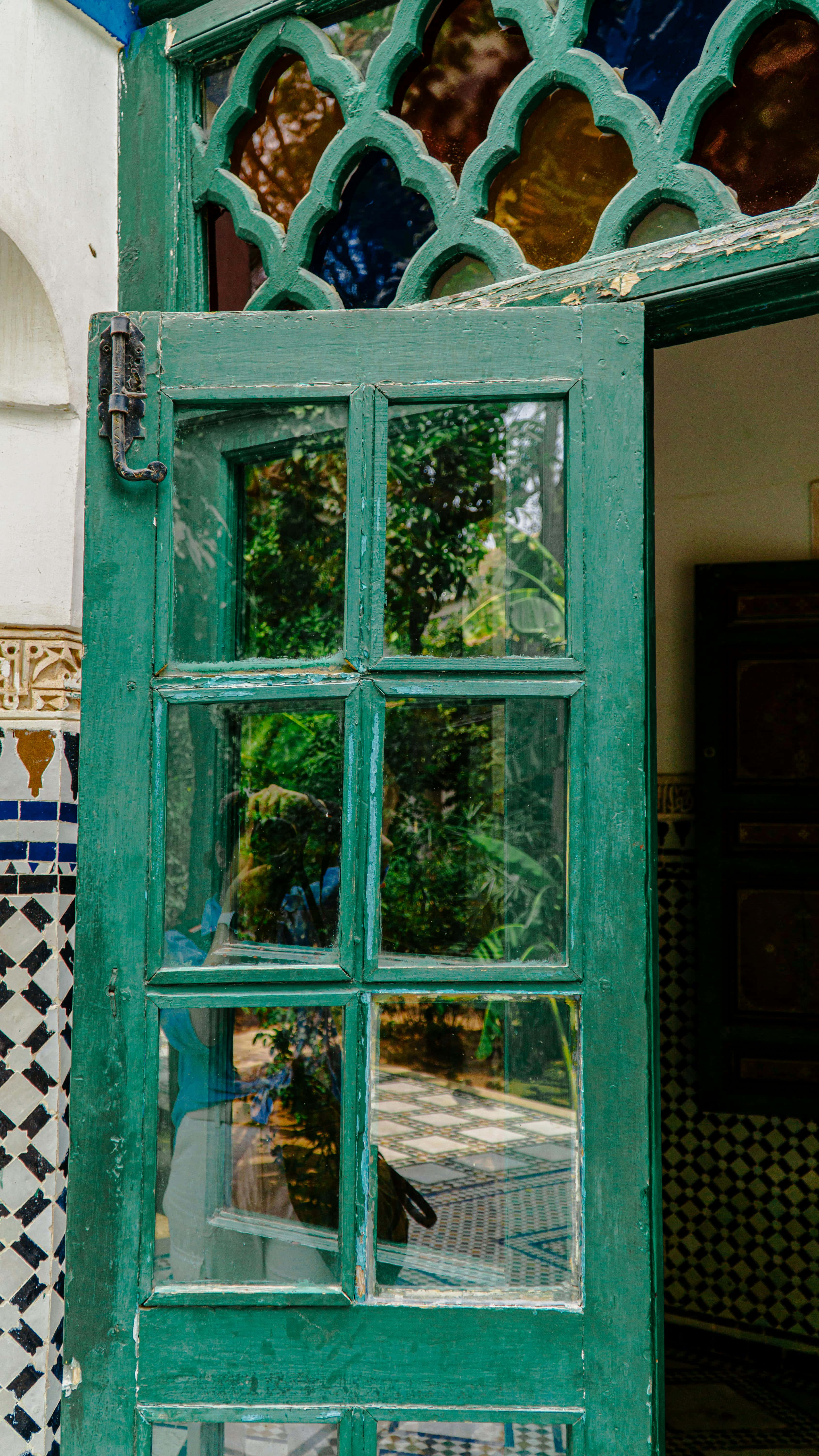 Emerald Green Window Architecture, weathered green wooden door, glass panes, 5K Phone Wallpaper