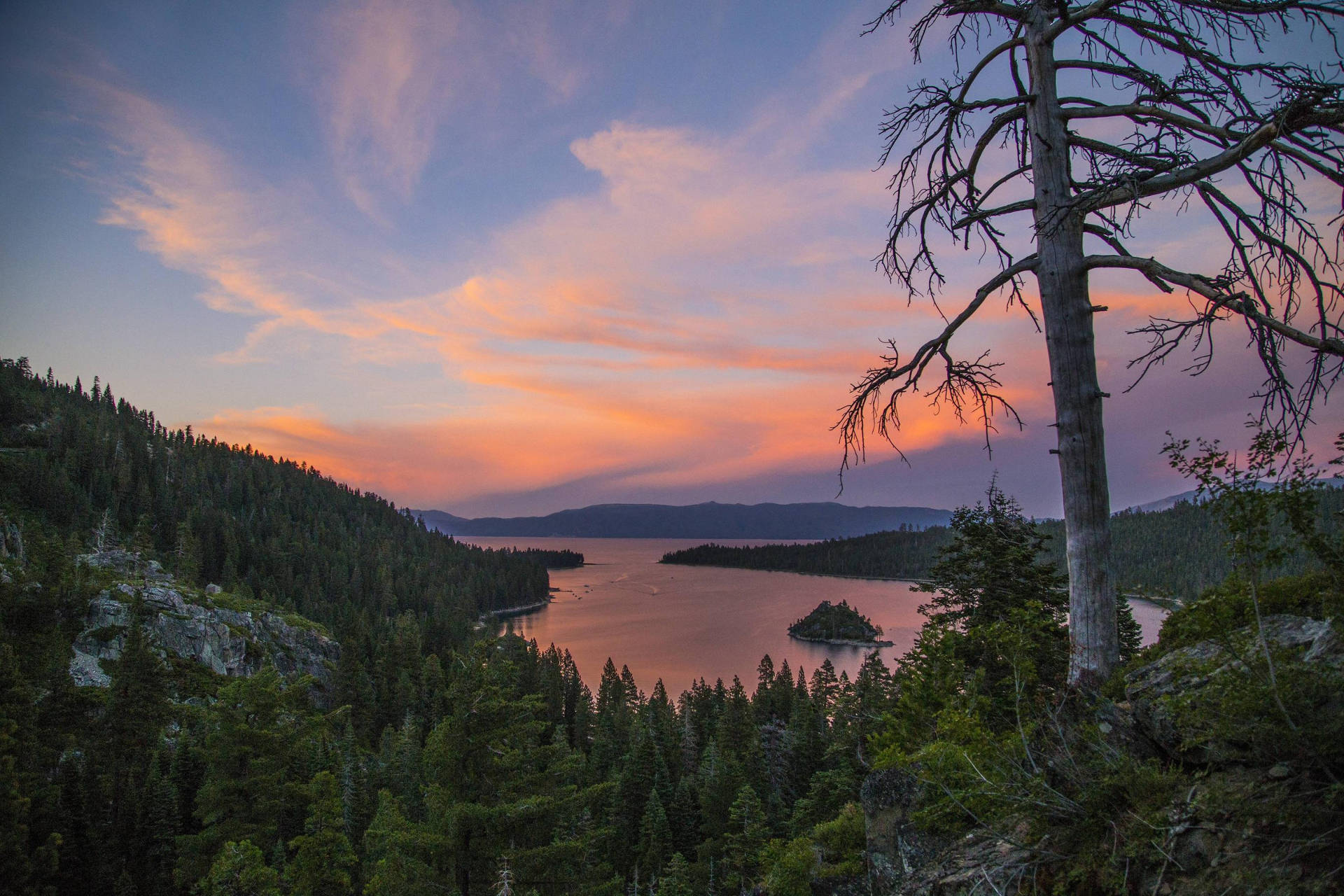 Emerald Green Trees, sunset, forested lake, Full HD Desktop Wallpaper