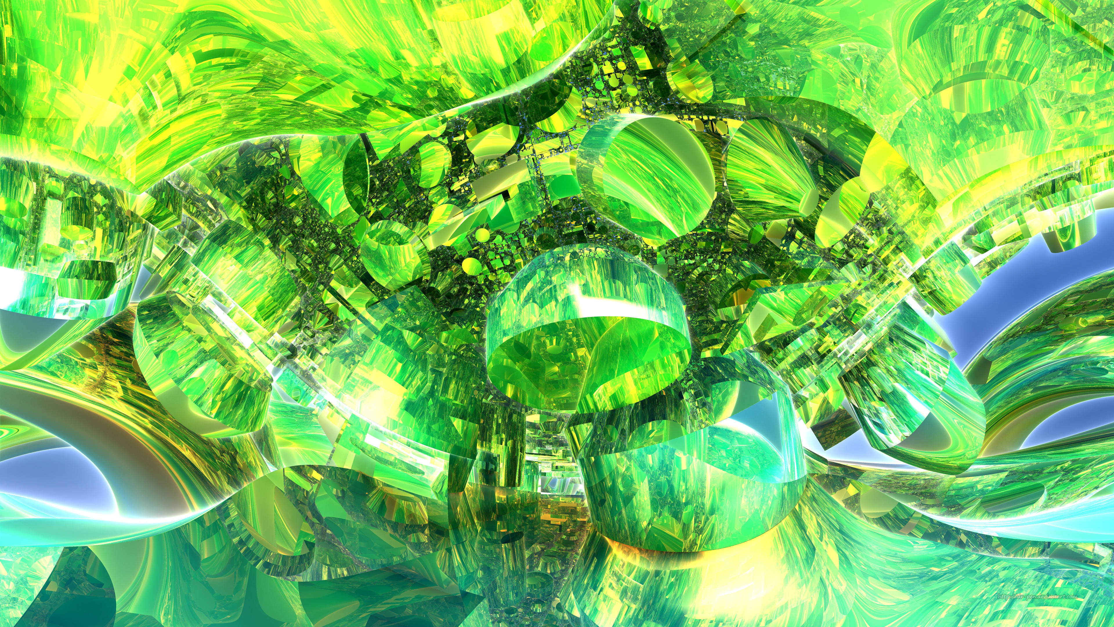 emerald green, fractal structures, glowing digital tunnel, 4K Desktop Wallpaper