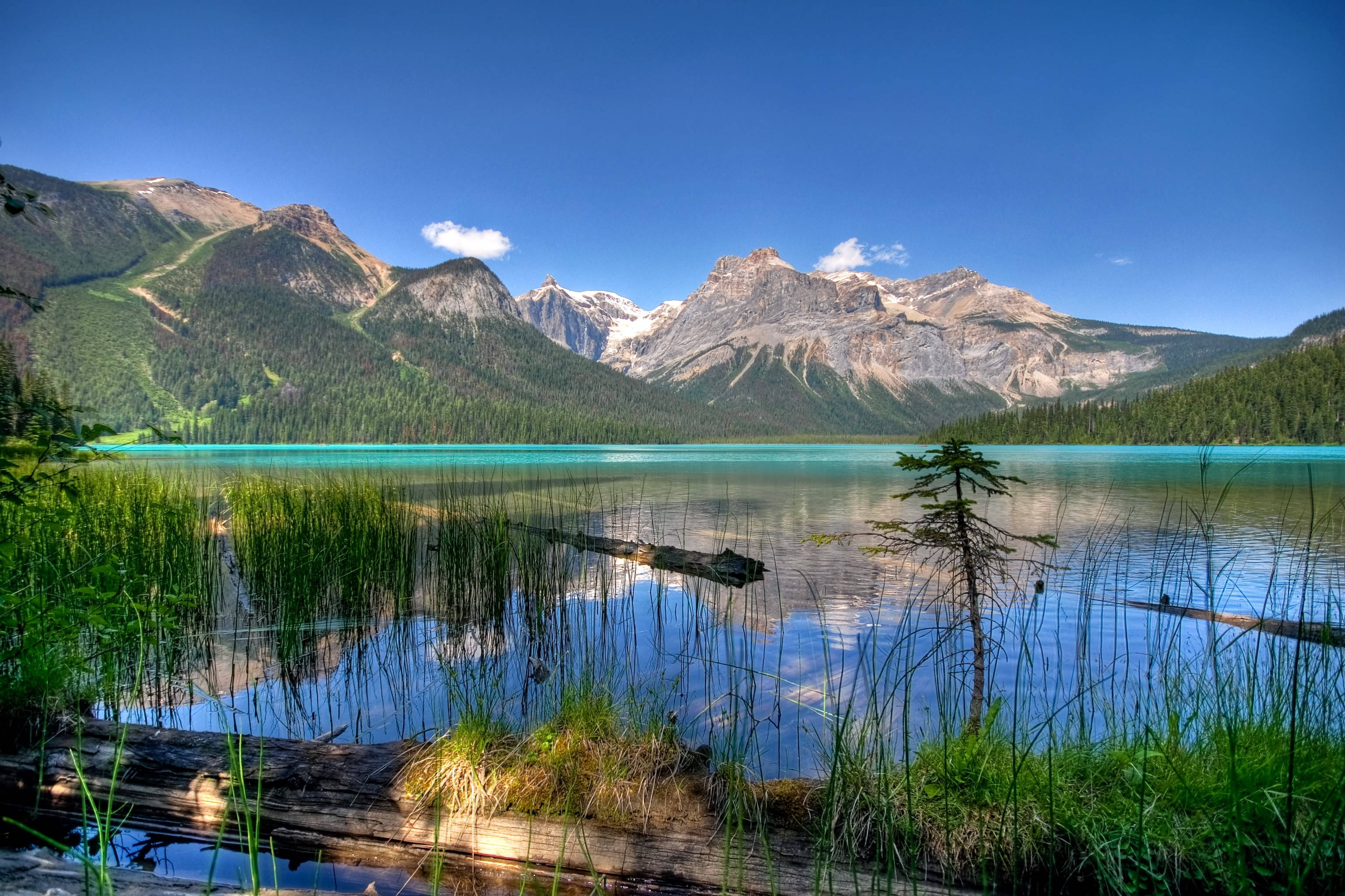 Emerald Green Lake, turquoise lake, snow-capped mountains, 2K Desktop Wallpaper