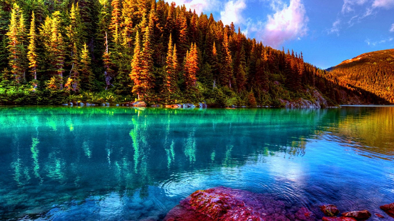 Emerald Green River, turquoise lake, forested hillside, HD Desktop Wallpaper