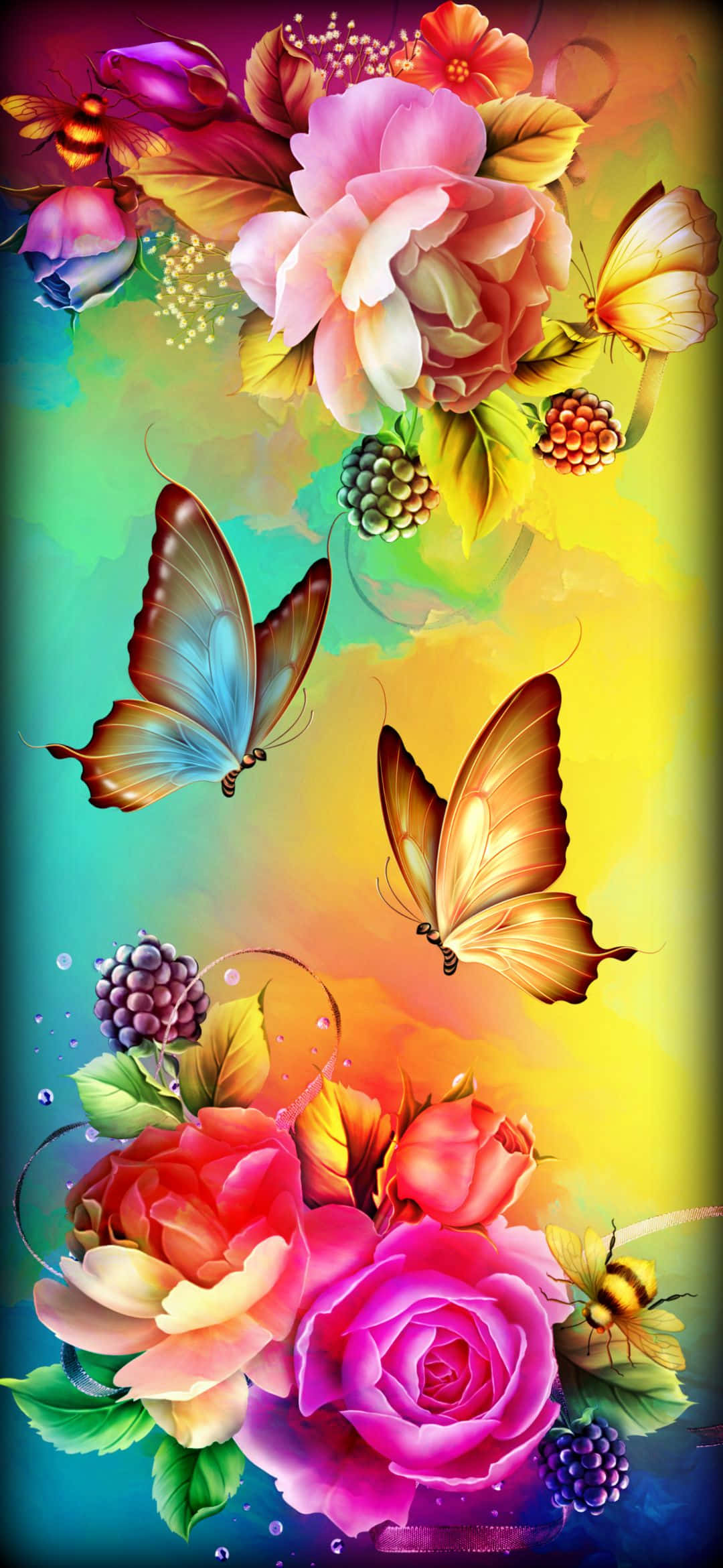 Emerging Butterfly, pink and red roses, colorful butterflies, Full HD Phone Wallpaper