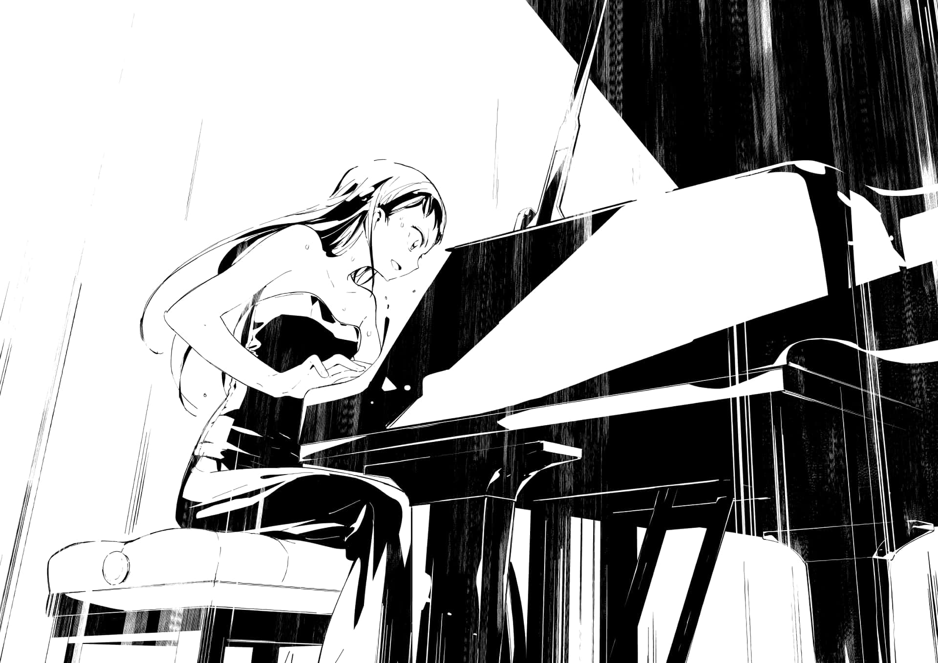 Emi Igawa, piano performance, monochrome, Full HD Desktop Wallpaper