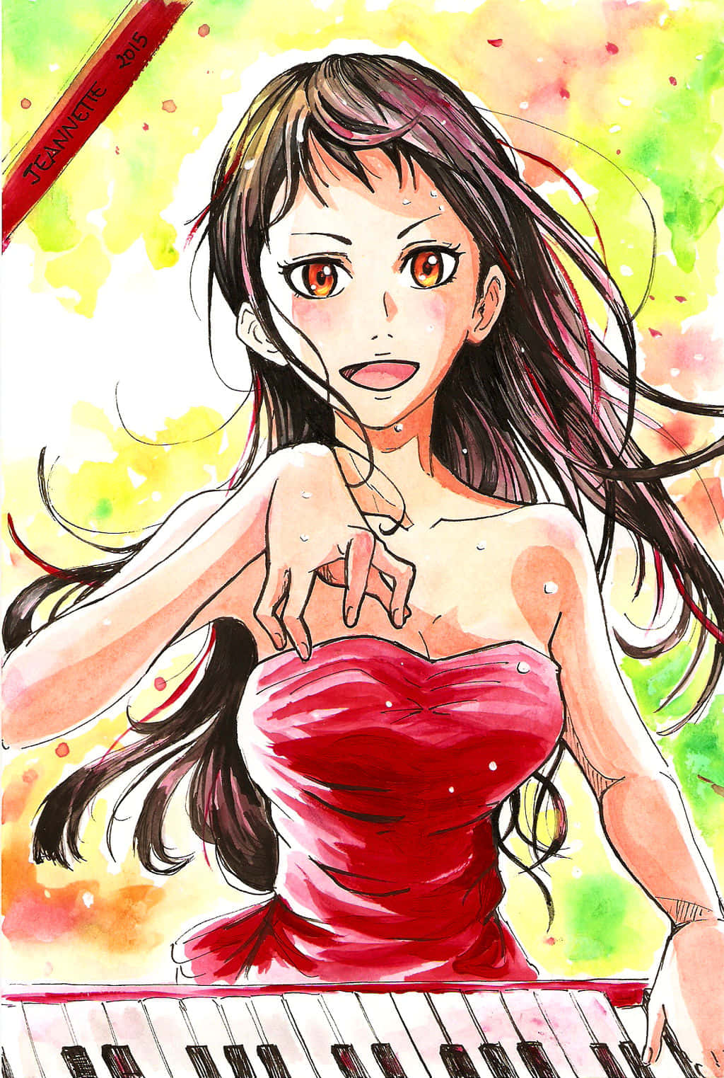Emi Igawa, red dress, piano, HD Phone Wallpaper