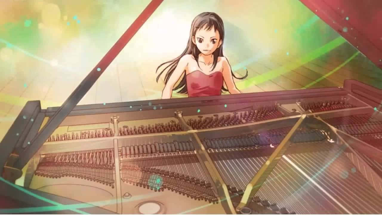 Emi Igawa, red dress, grand piano, HD Desktop Wallpaper