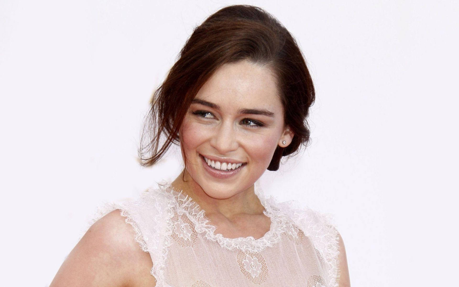 Emilia Clarke, brown hair, white lace top, Full HD Desktop Wallpaper