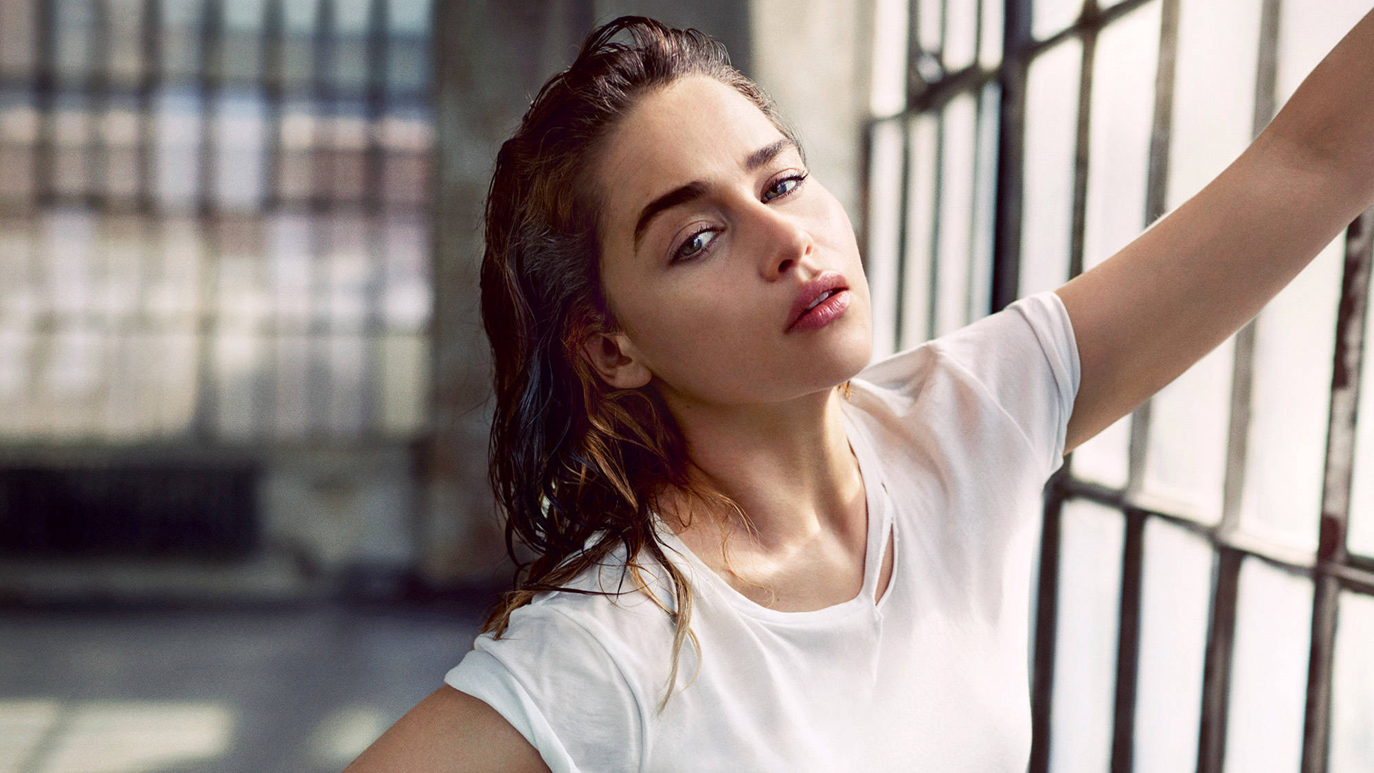 Emilia Clarke, white tee, sunlit urban loft, Full HD Desktop Wallpaper