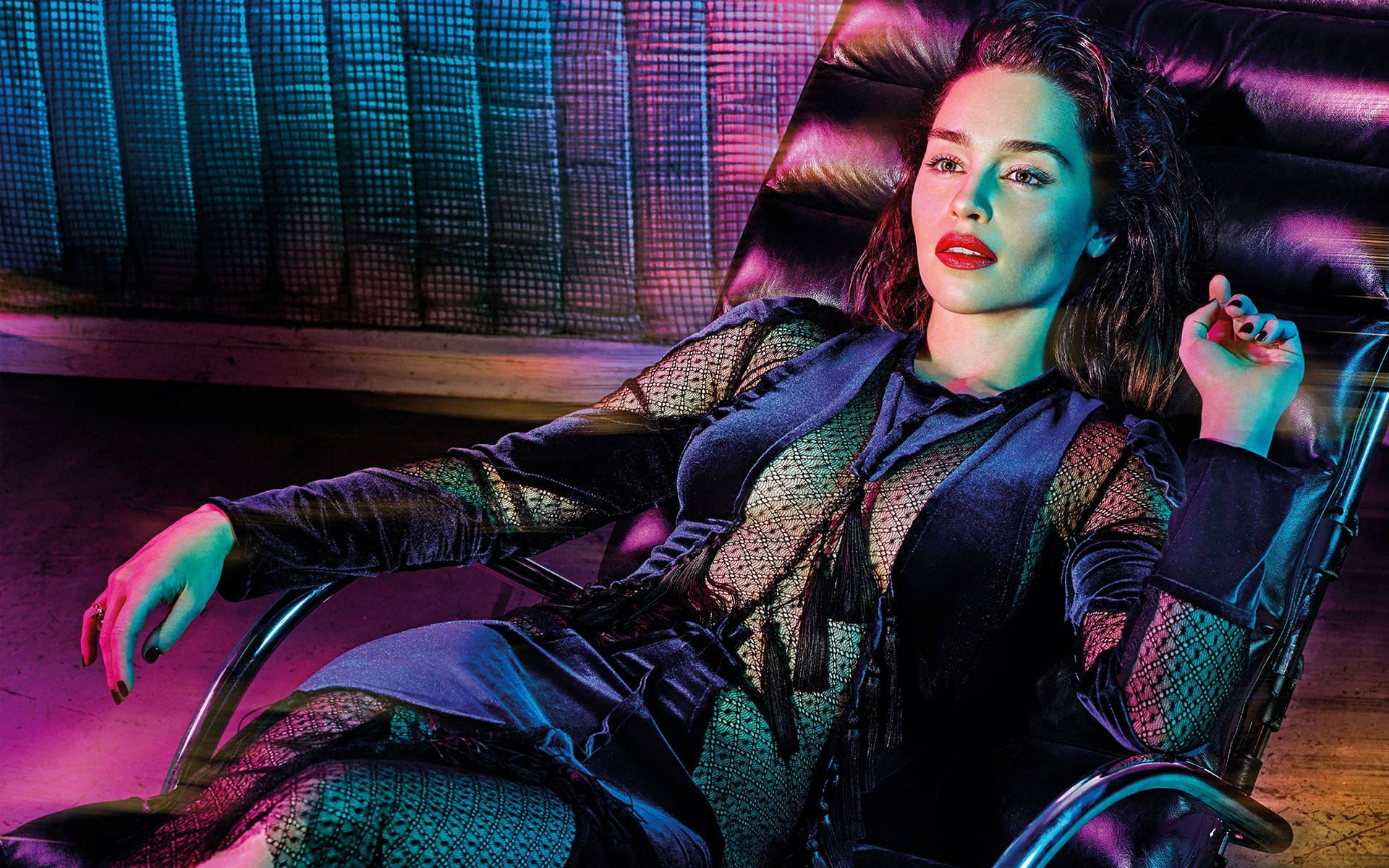 Emilia Clarke, neon blue, pink light, Full HD Desktop Wallpaper