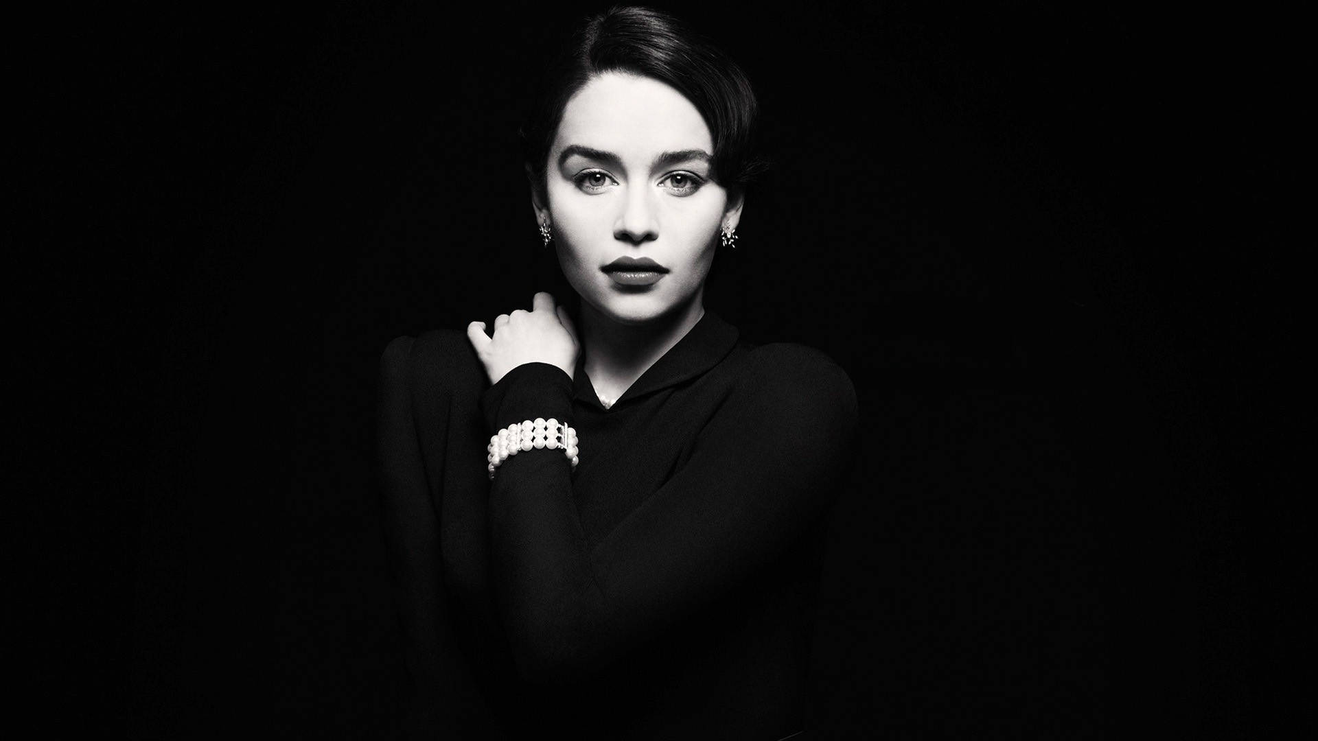 Emilia Clarke, black and white portrait, short hair, Full HD Desktop Wallpaper