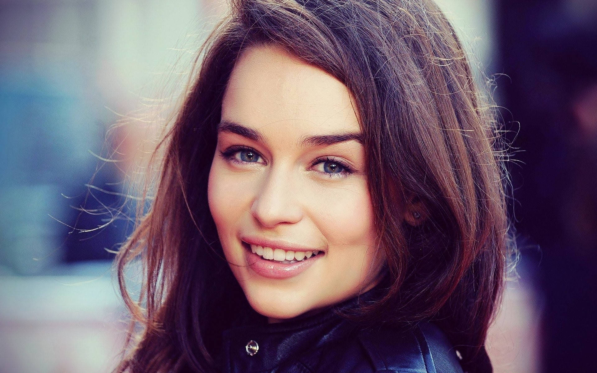 Emilia Clarke, black leather jacket, brown hair, Full HD Desktop Wallpaper