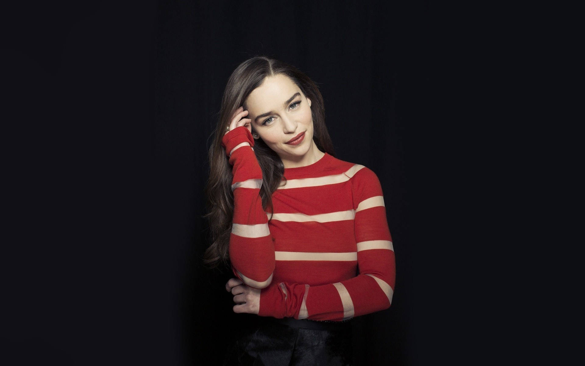 Emilia Clarke, red and white striped sweater, dark background, Full HD Desktop Wallpaper