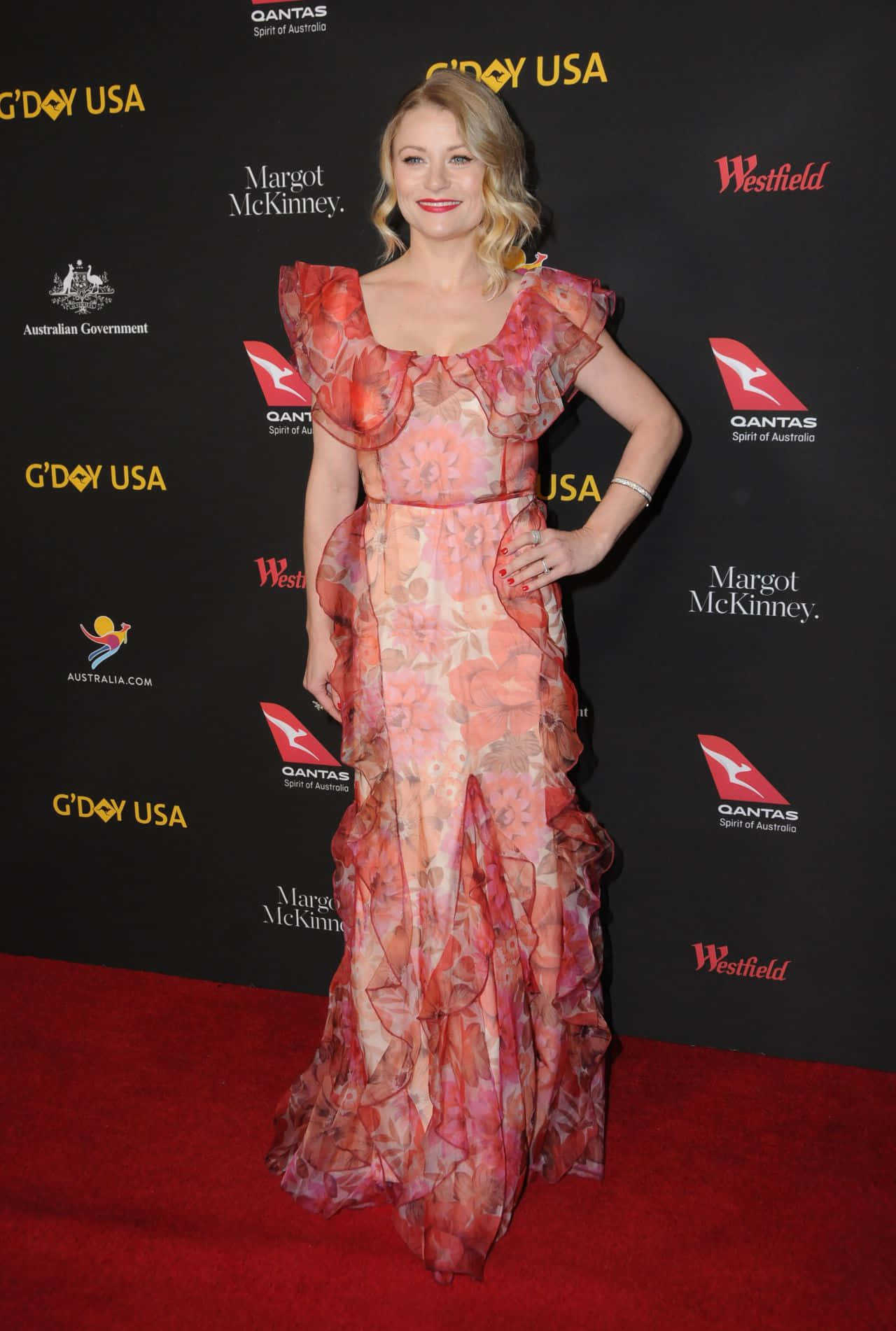 Emilie de ravin, red carpet, floral gown, HD Phone Wallpaper