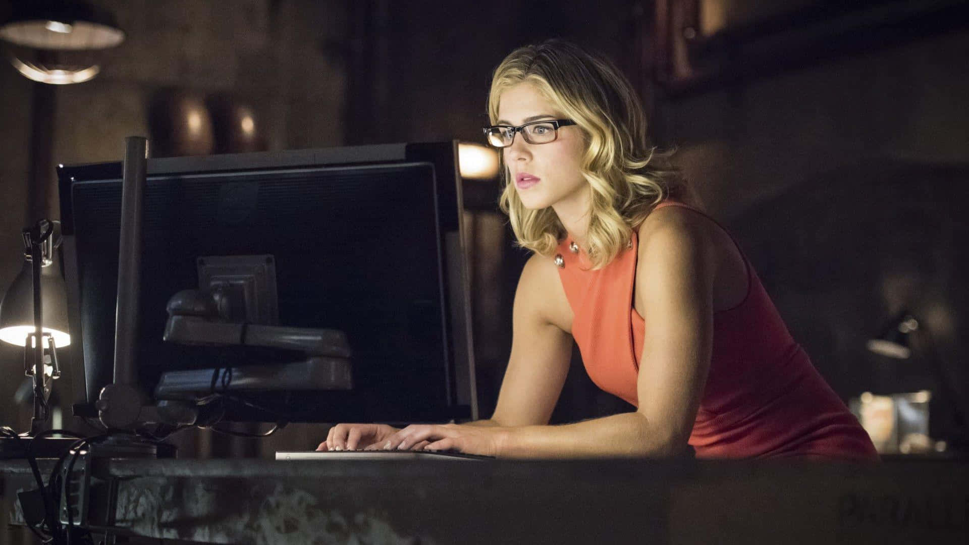 Emily Bett Rickards, red dress, glasses, Full HD Desktop Wallpaper