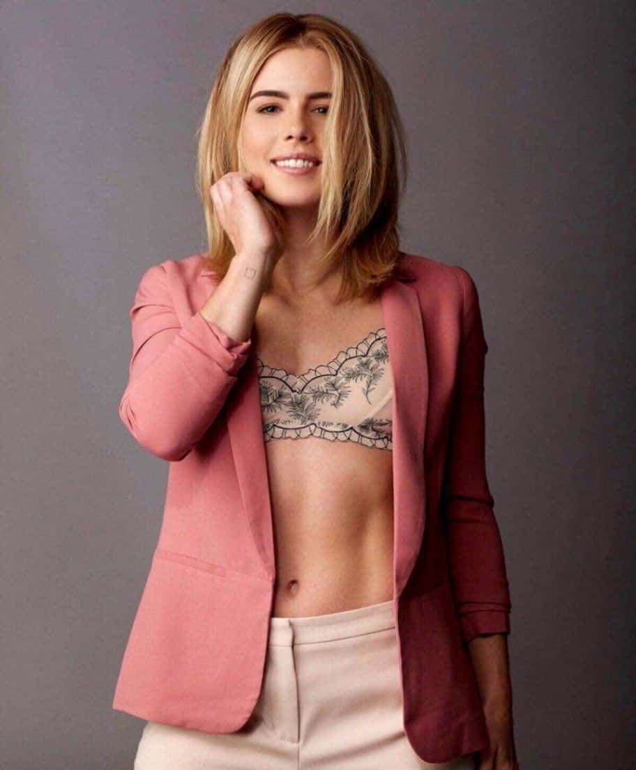 Emily Bett Rickards, pink blazer, lace bra, SD Phone Wallpaper