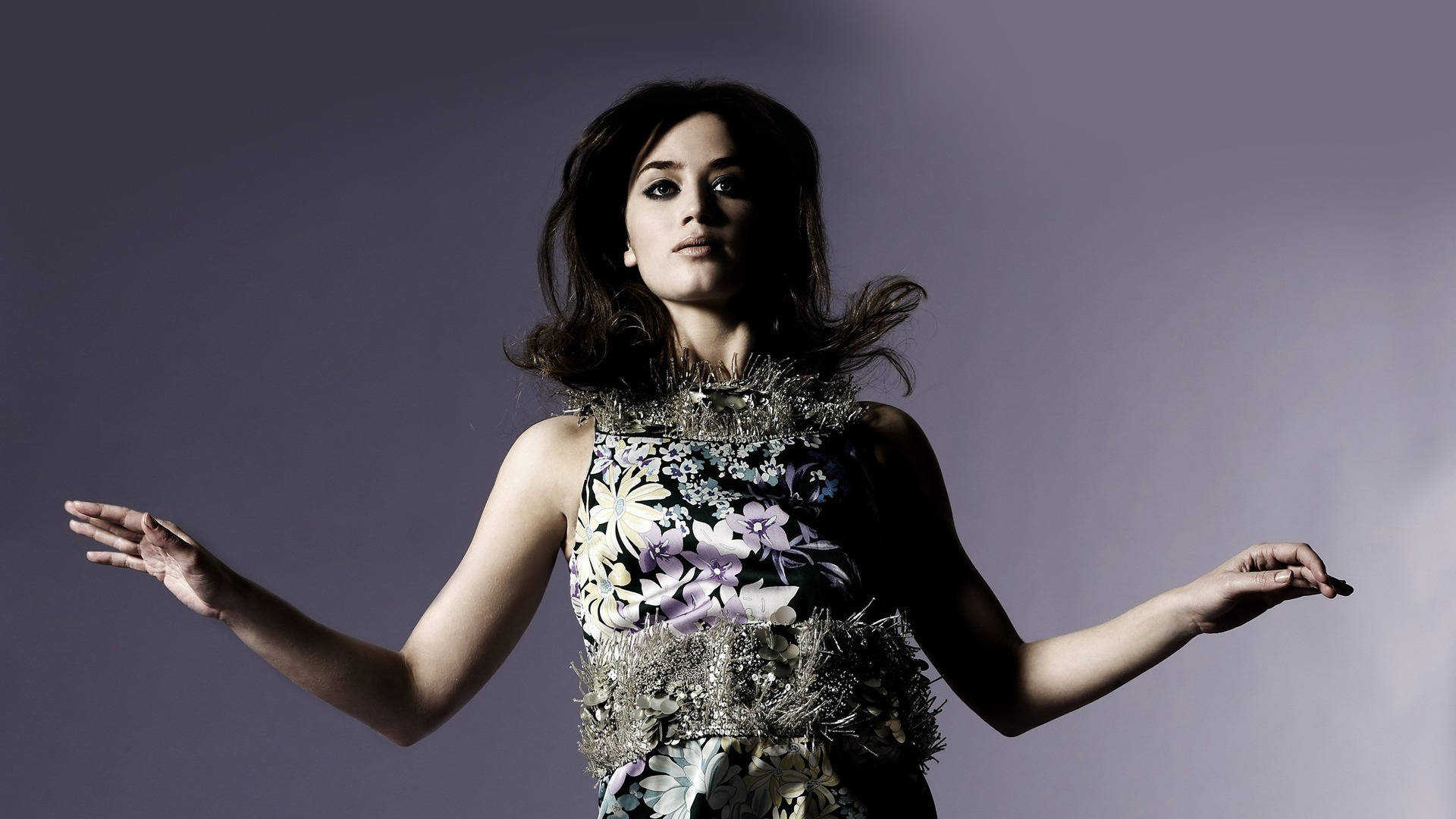 Emily Blunt, floral embellished dress, soft purple studio backdrop, Full HD Desktop Wallpaper