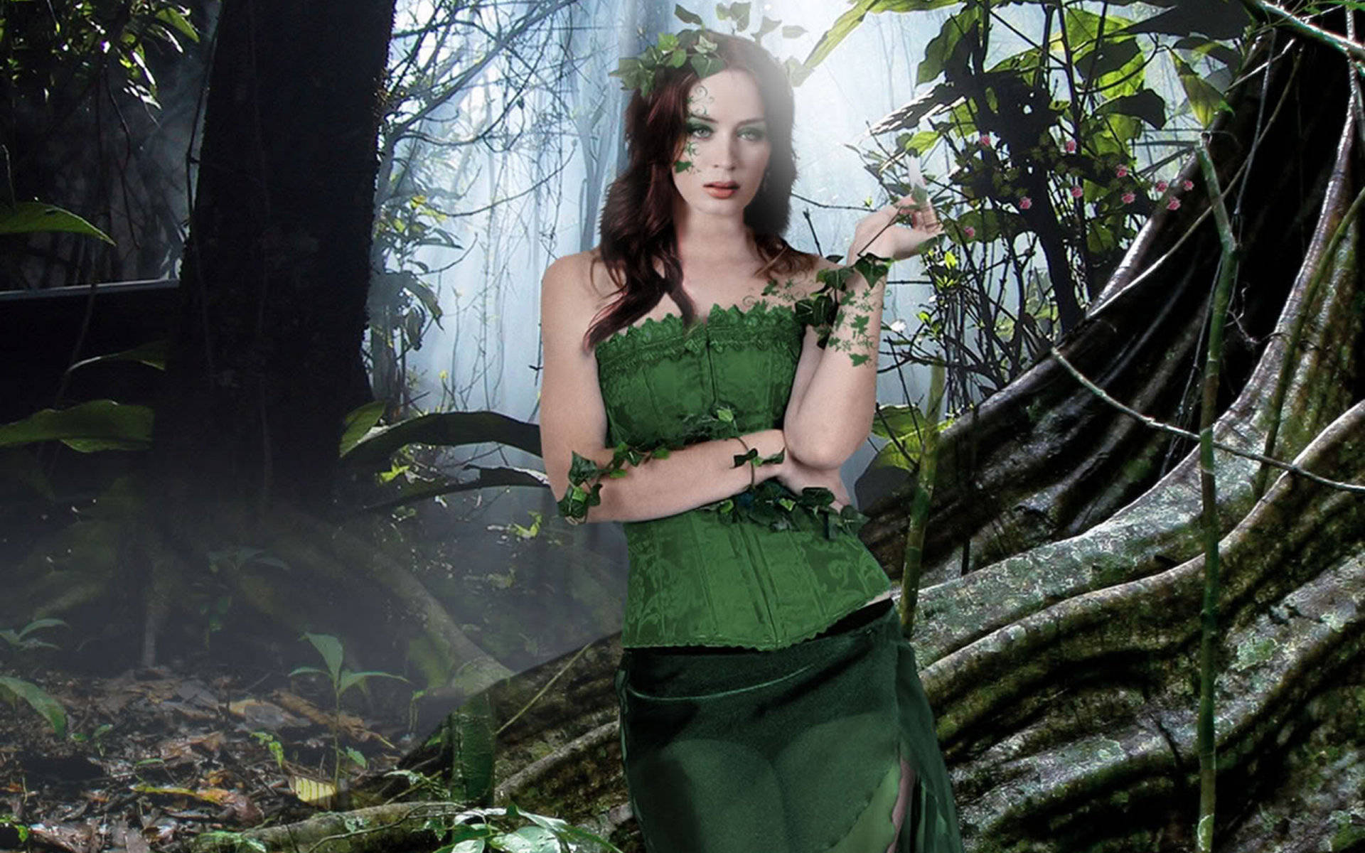 Emily Blunt, green leaf-adorned dress, misty jungle roots, Full HD Desktop Wallpaper