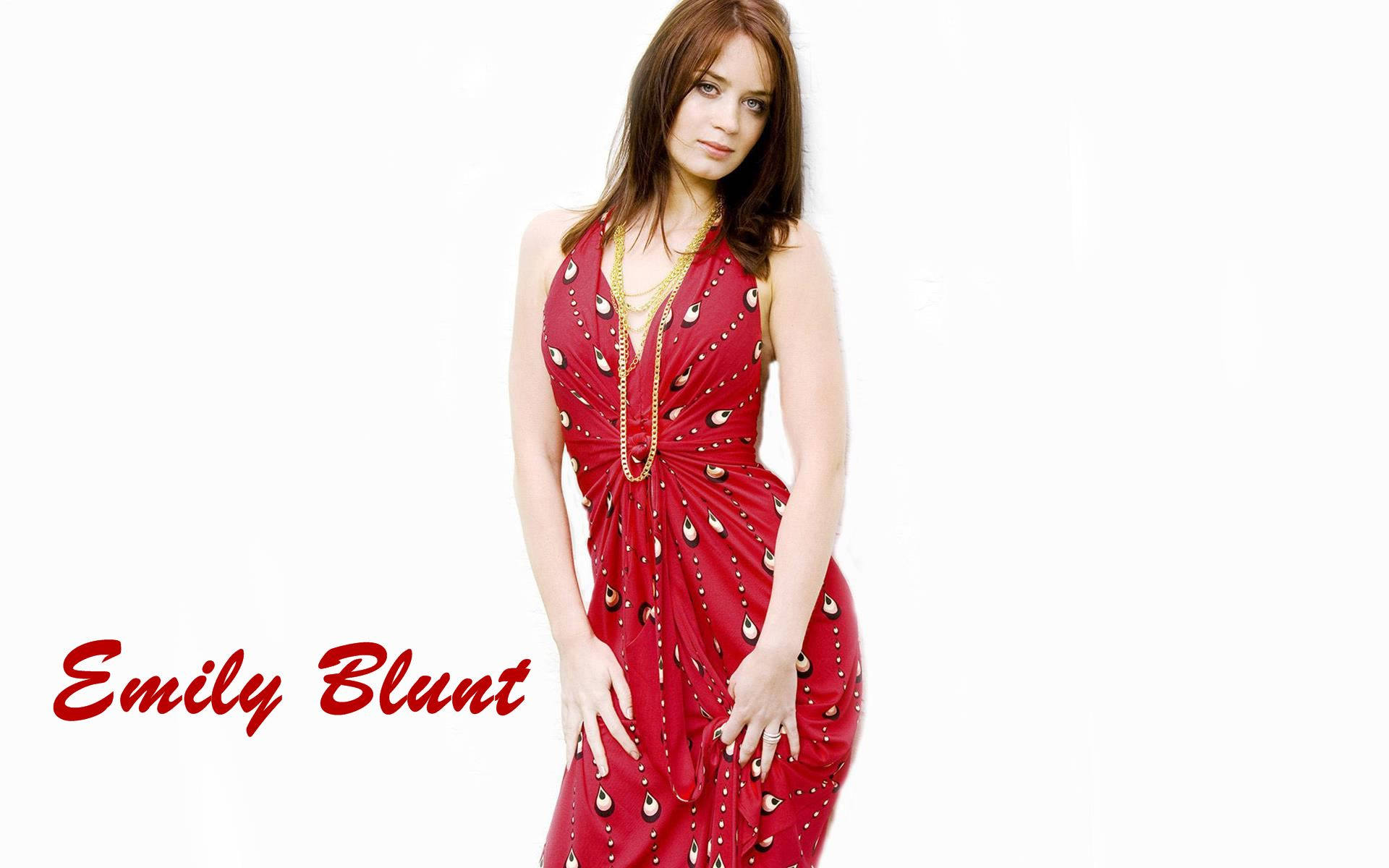Emily Blunt, red embellished dress, stark white background, Full HD Desktop Wallpaper