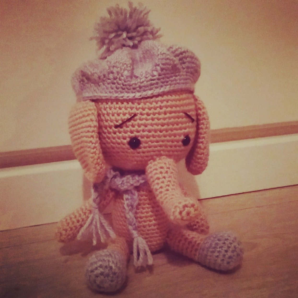 Emily Elephant, crocheted elephant plushie, knit hat with pom-pom, SD Desktop Wallpaper