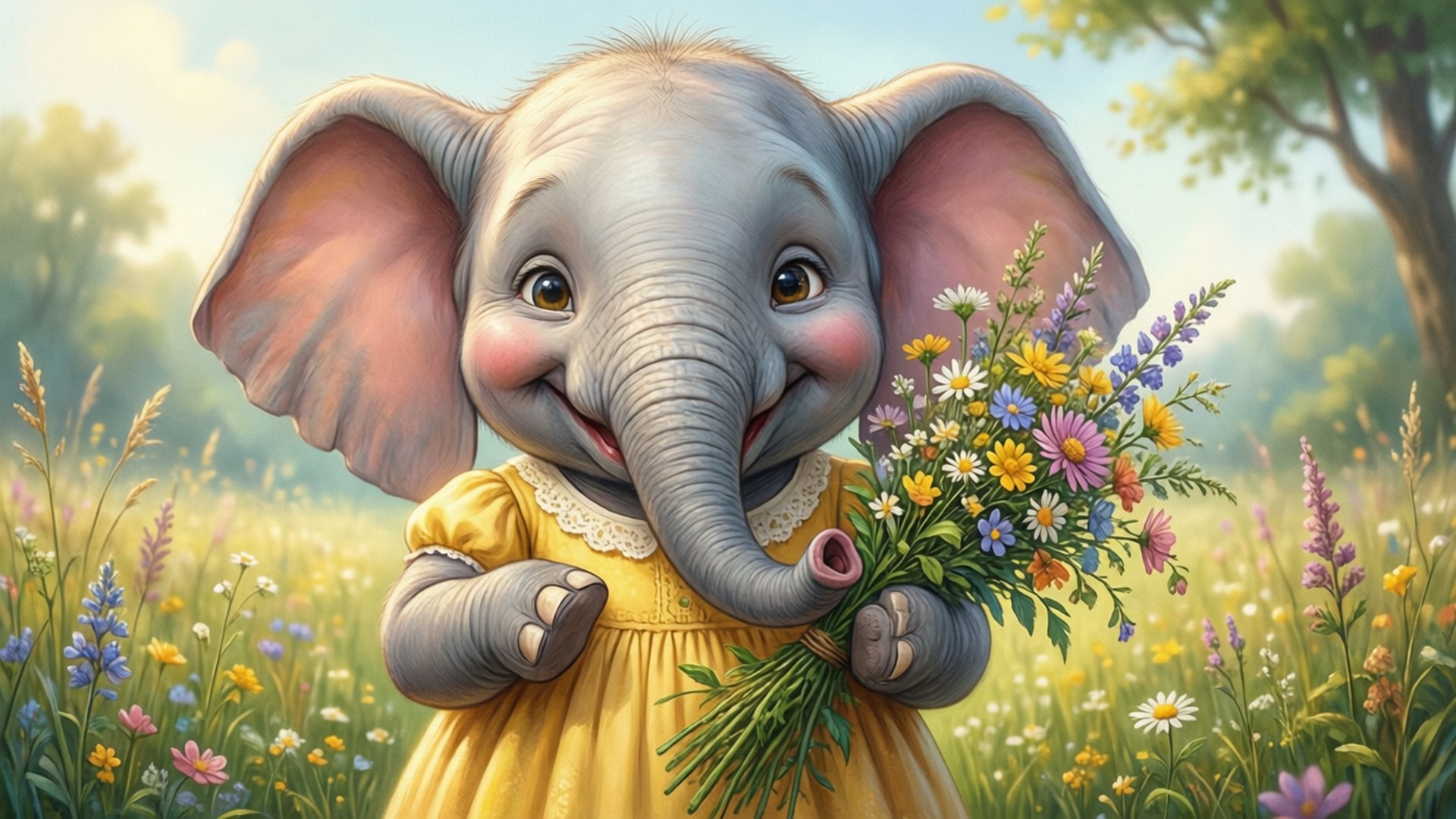 Emily Elephant, yellow dress, colorful bouquet of wildflowers, Full HD Desktop Wallpaper