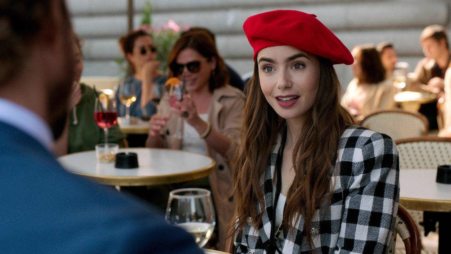 Emily In Paris, red beret, checkered blazer, Full HD Desktop Wallpaper