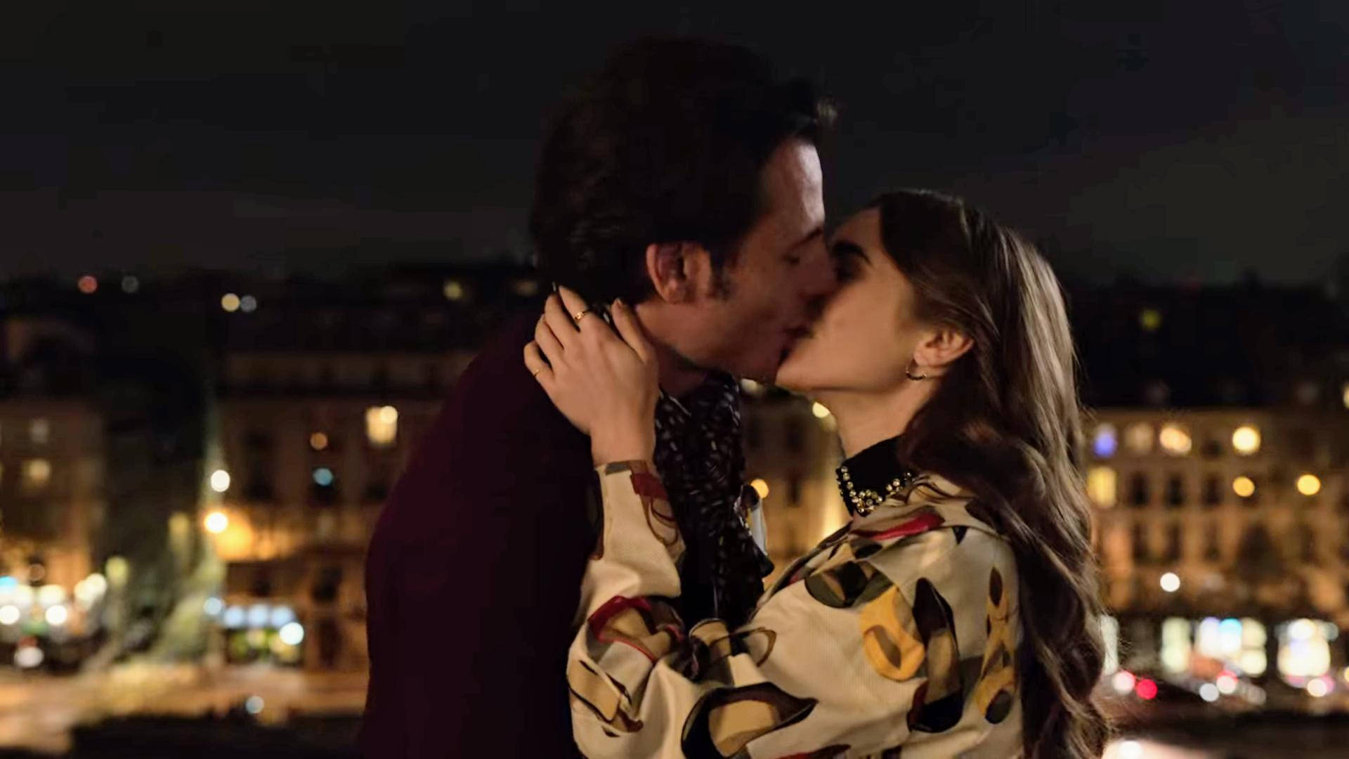 Emily In Paris, kissing scene, rooftop, Full HD Desktop Wallpaper