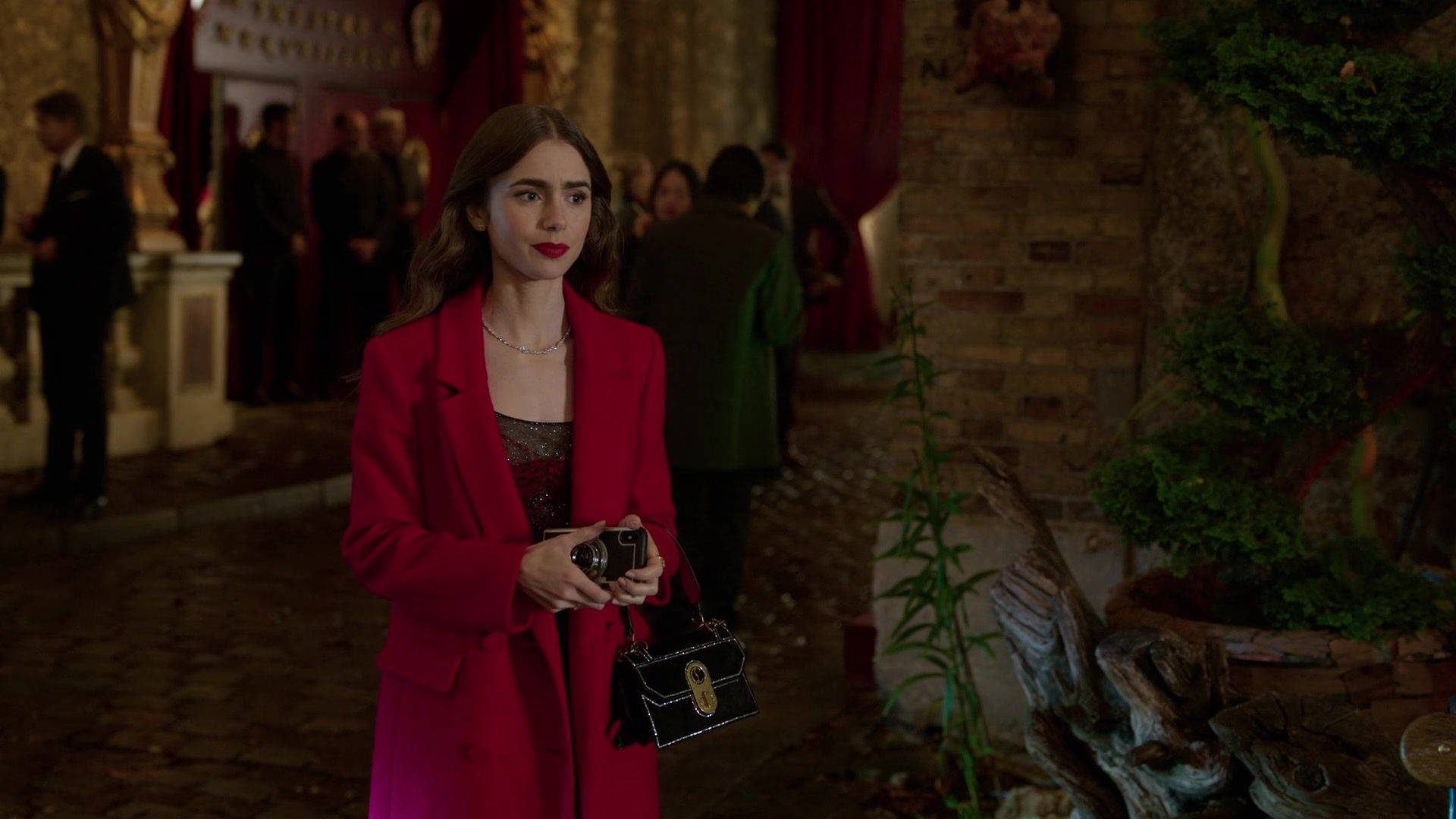 Emily In Paris, vibrant red coat, dimly lit courtyard, Full HD Desktop Wallpaper