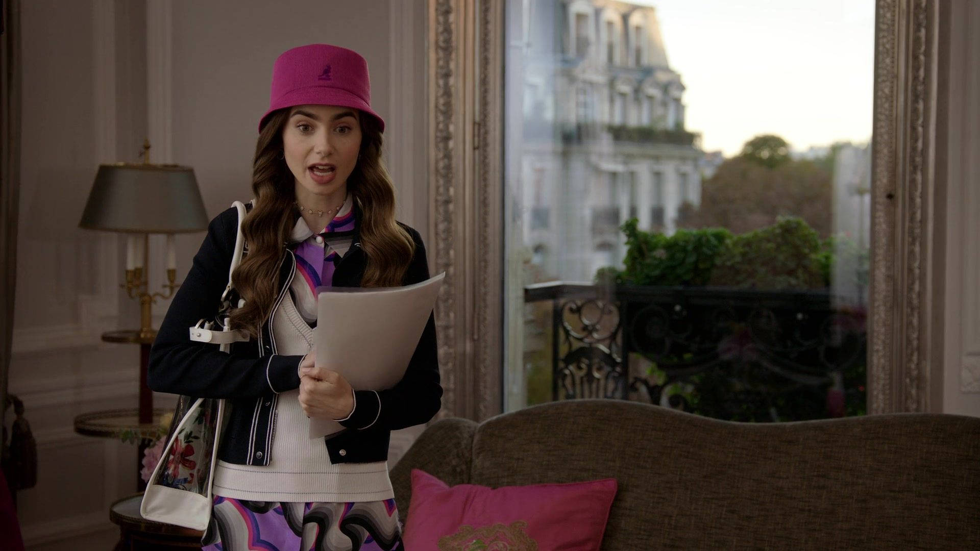 Emily In Paris, pink hat, patterned outfit, Full HD Desktop Wallpaper