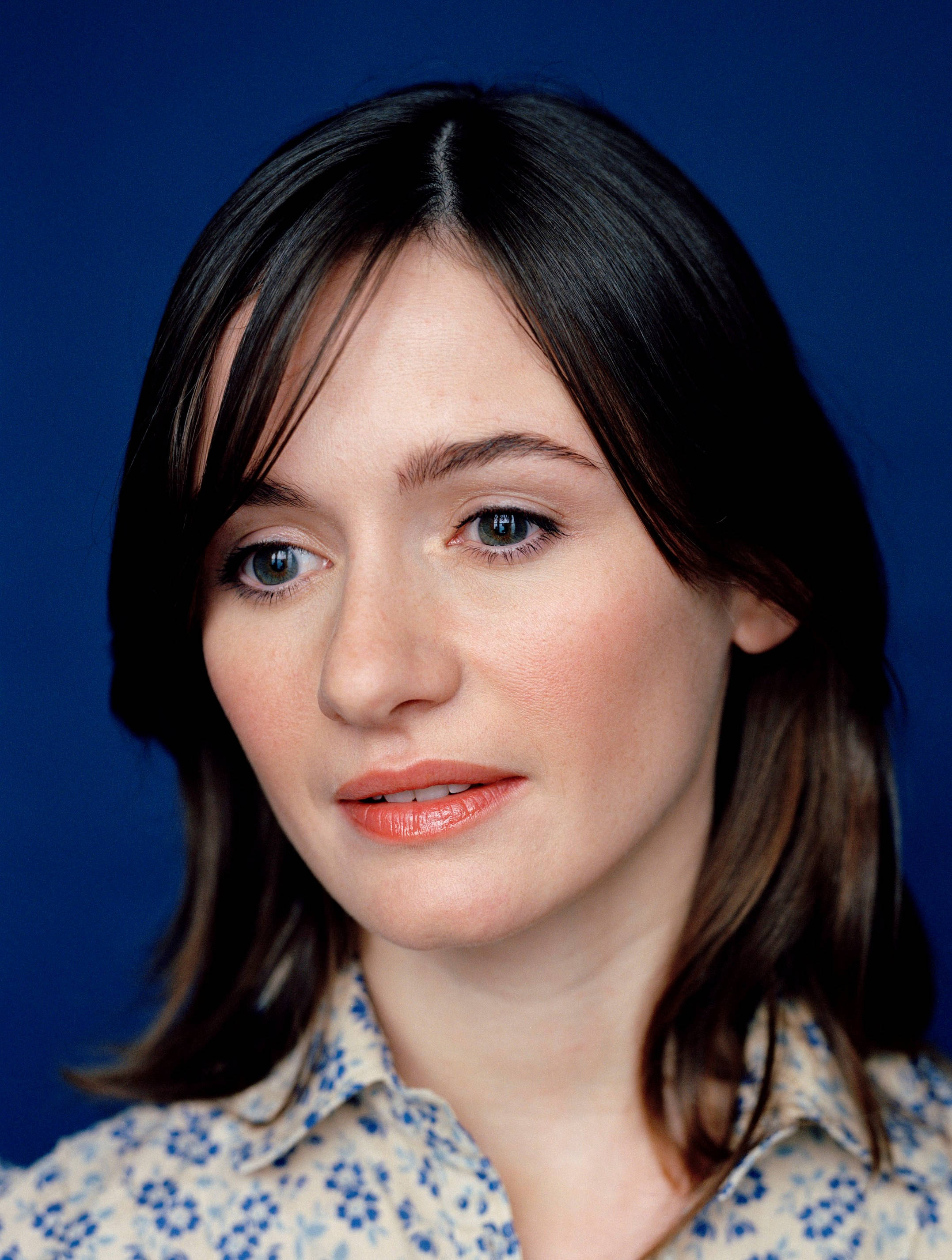 Emily Mortimer, blue attire, floral shirt, 2K Phone Wallpaper