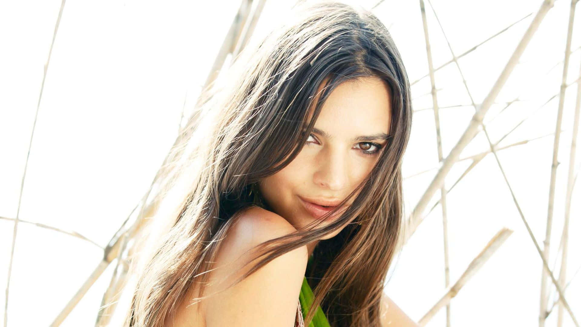 Emily Ratajkowski, white dress, long dark hair, Full HD Desktop Wallpaper