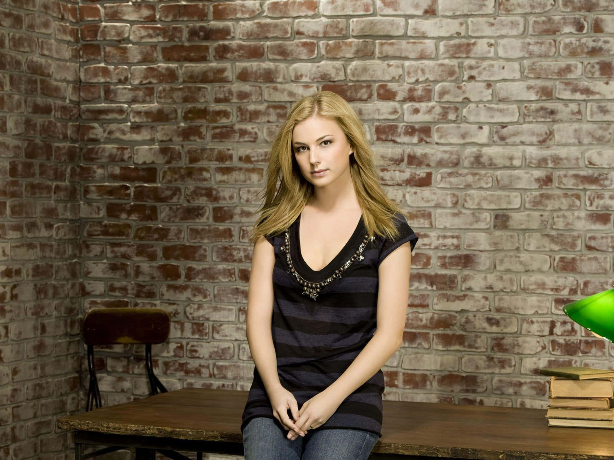 Emily Vancamp, brick wall, wooden table, 2K Desktop Wallpaper
