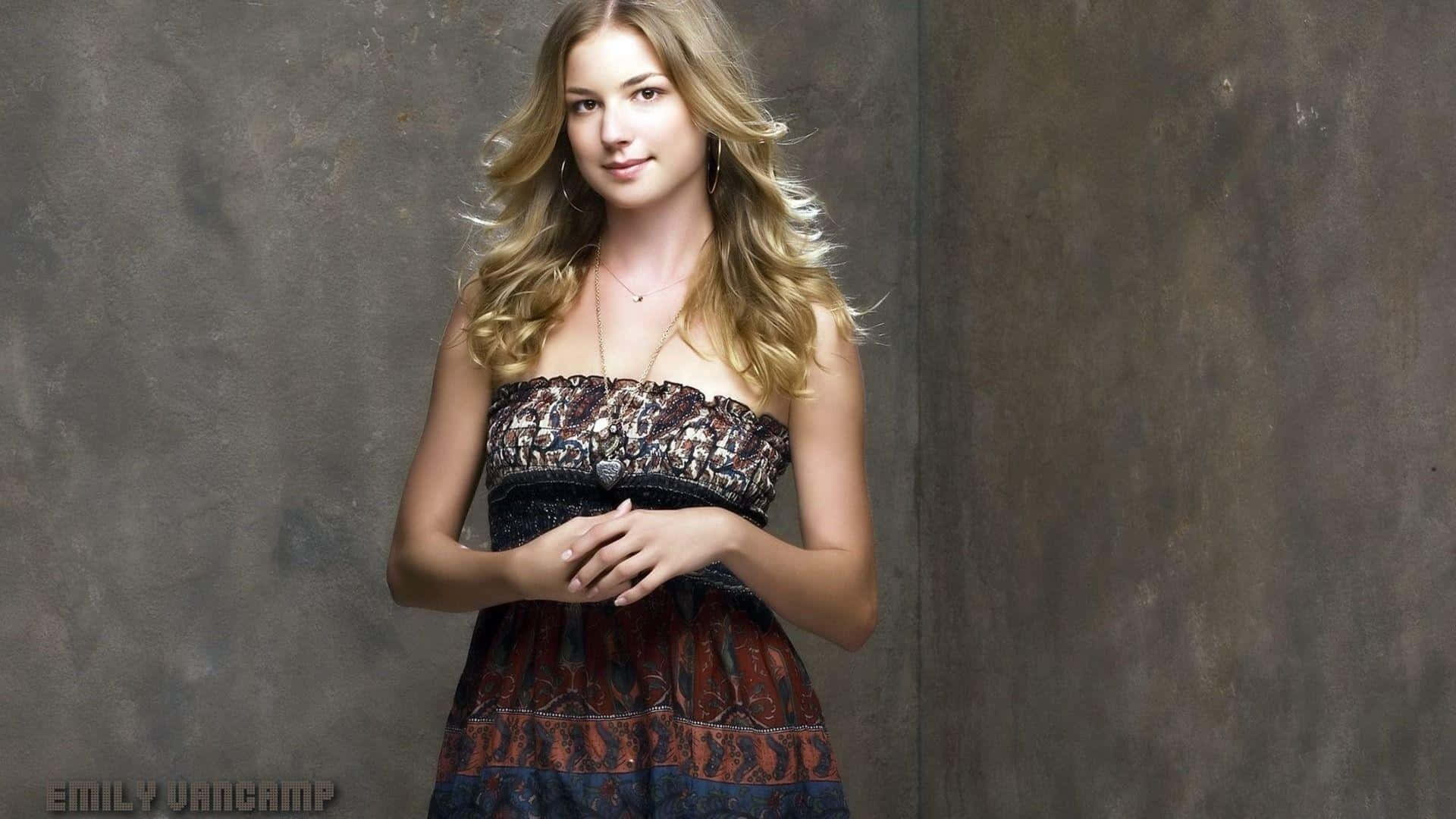 Emily Vancamp, wavy blonde hair, patterned strapless dress, Full HD Desktop Wallpaper
