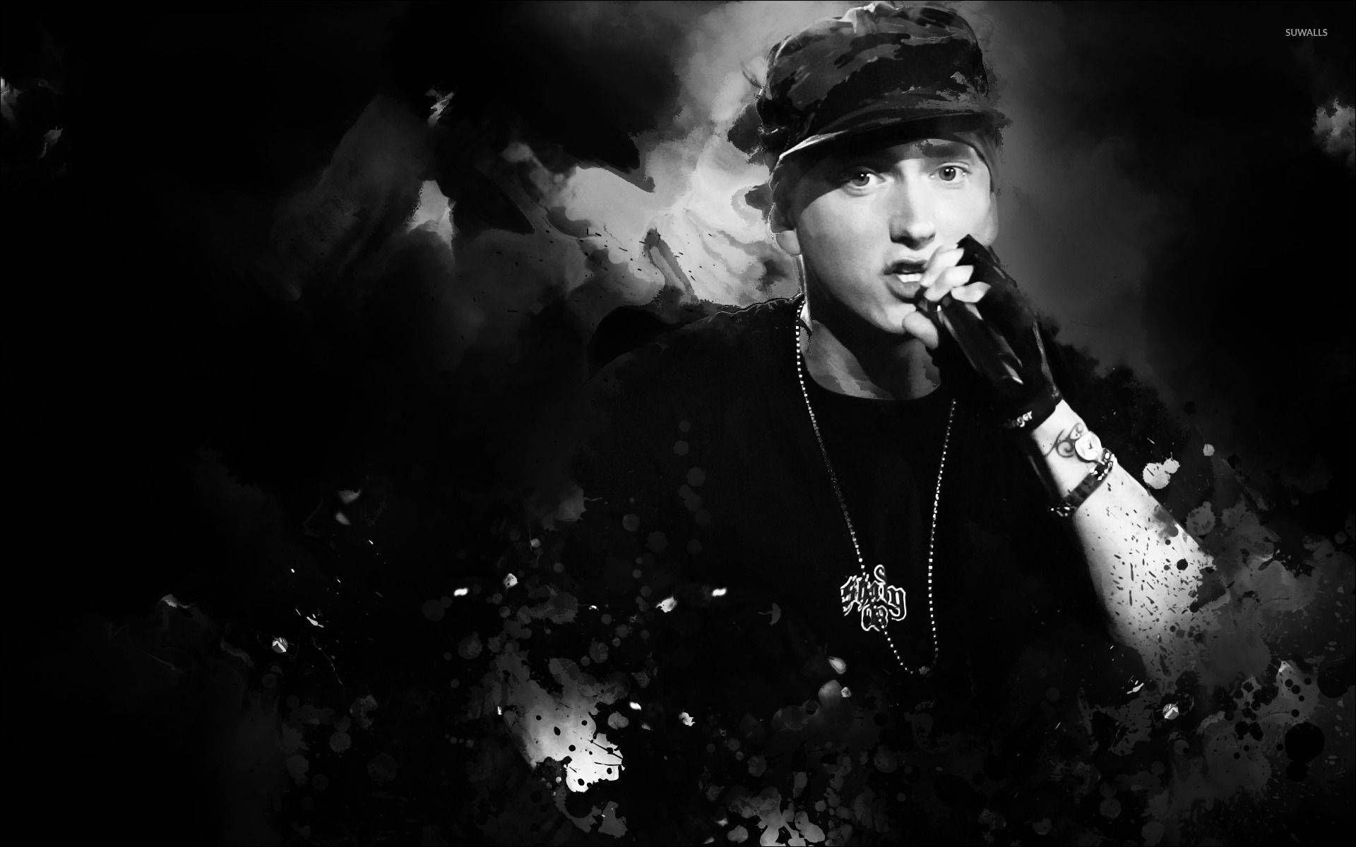Eminem, black and white, monochrome portrait, Full HD Desktop Wallpaper