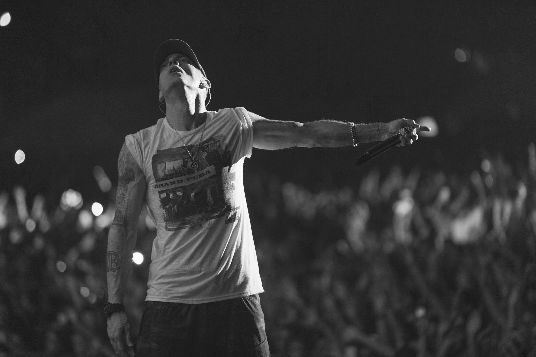 Eminem, white t-shirt, black and white photo, Full HD Desktop Wallpaper