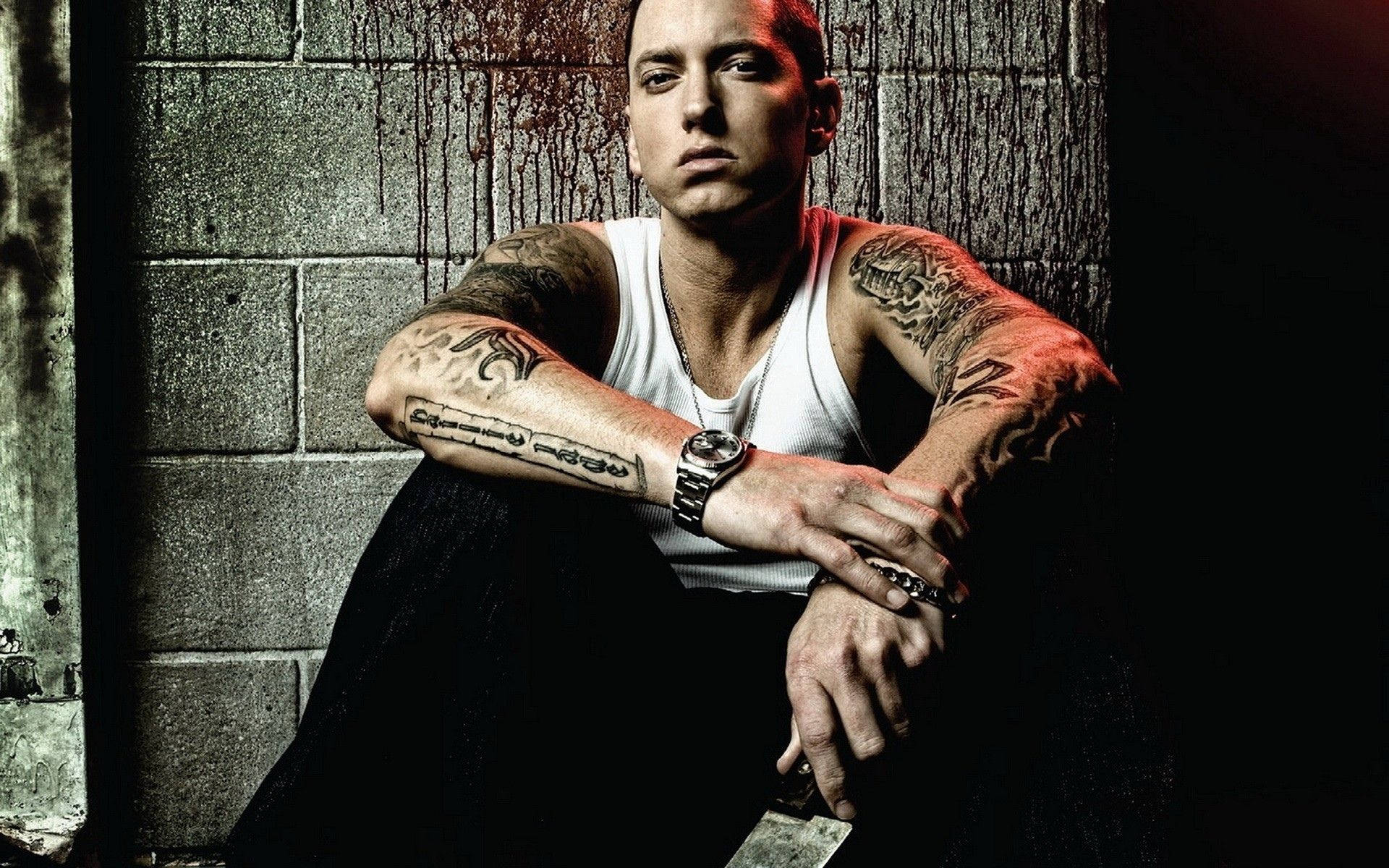 Eminem, bloody wall, white tank top, Full HD Desktop Wallpaper