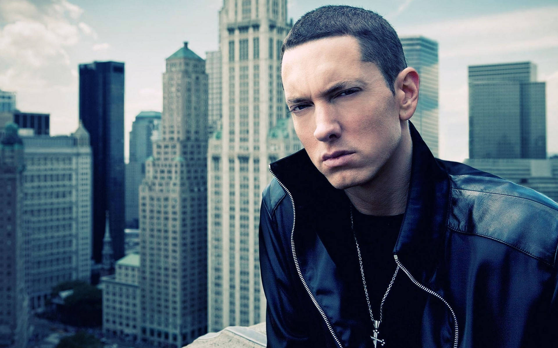 Eminem, black leather jacket, city skyscrapers, Full HD Desktop Wallpaper