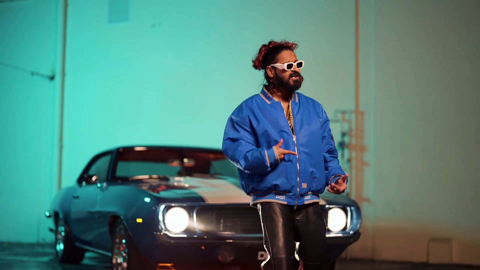 Emiway Bantai, blue jacket, white sunglasses, Full HD Desktop Wallpaper