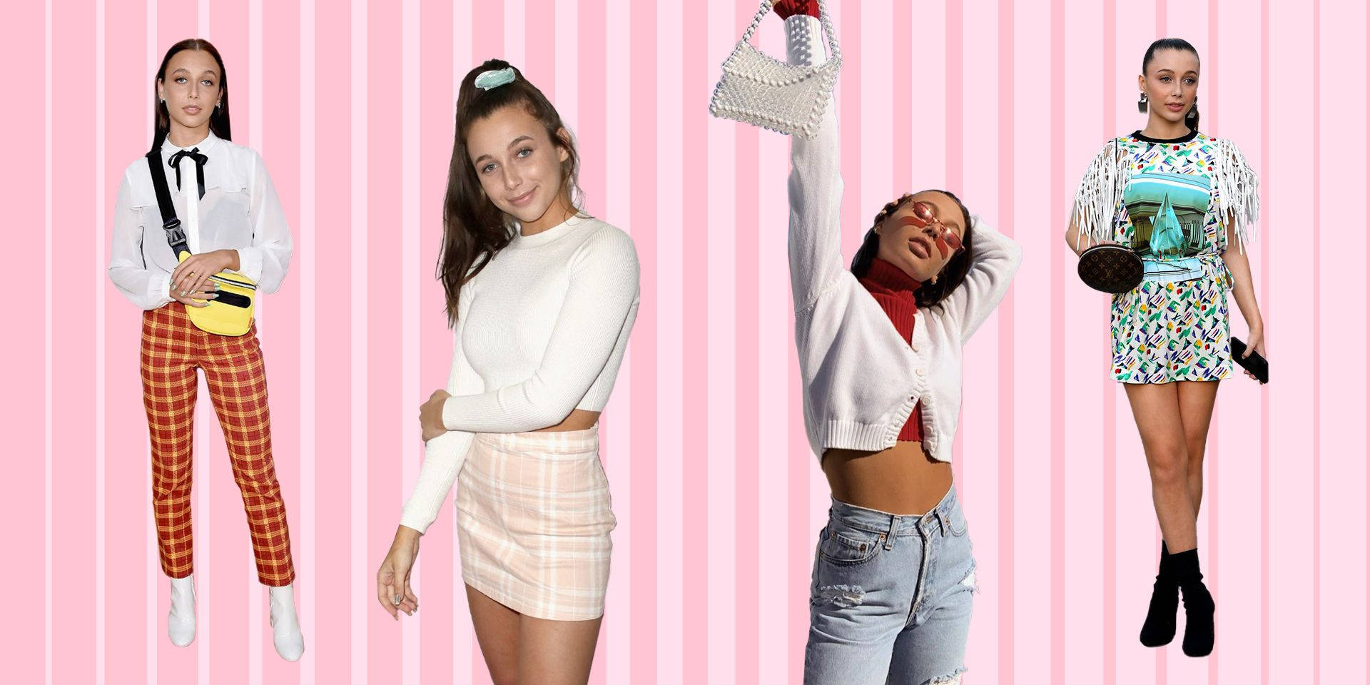 Emma Chamberlain, vibrant pink striped background, trendy outfits, Full HD Desktop Wallpaper