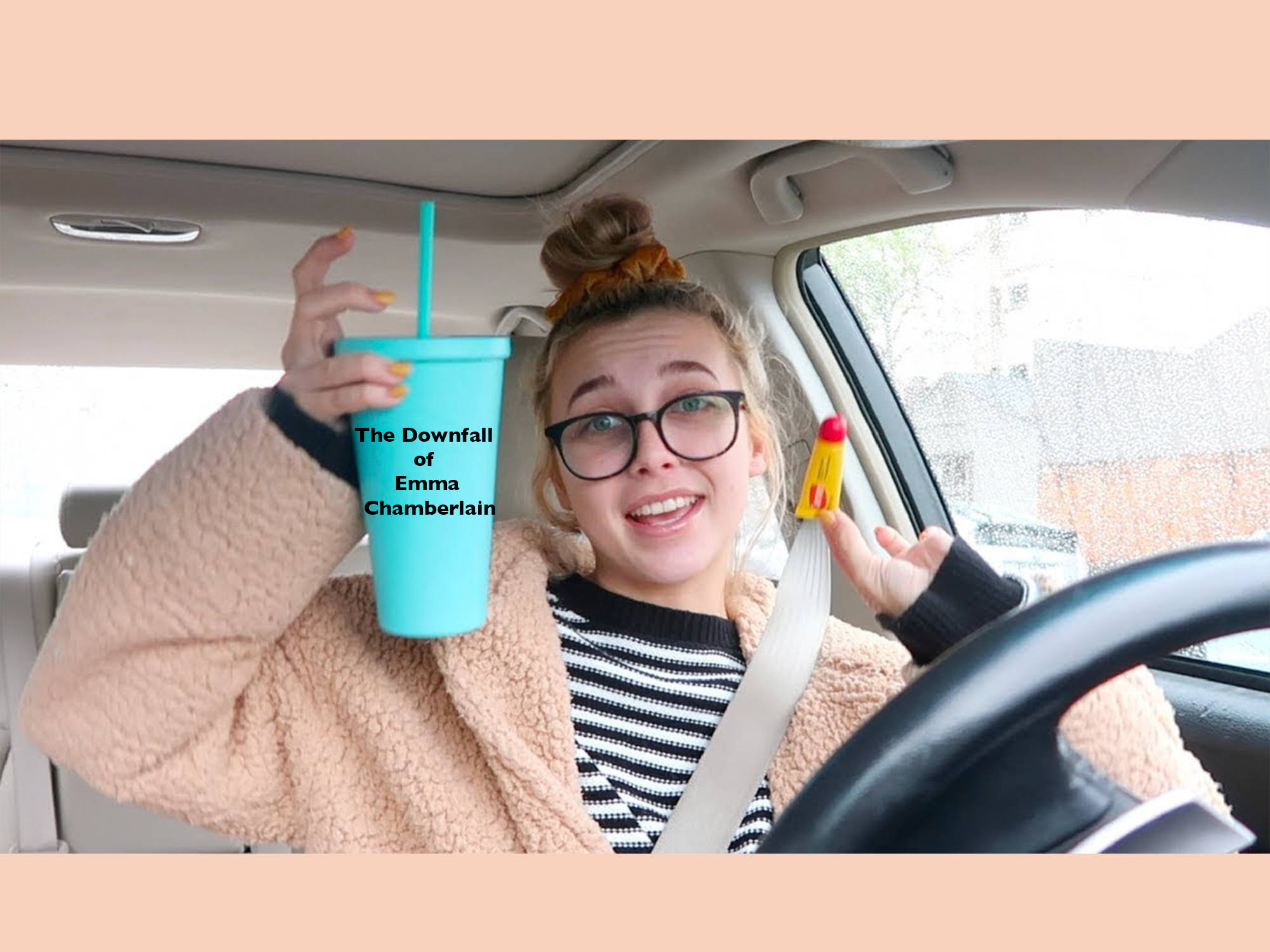 Emma Chamberlain, blue cup, toy lipstick, Full HD Desktop Wallpaper
