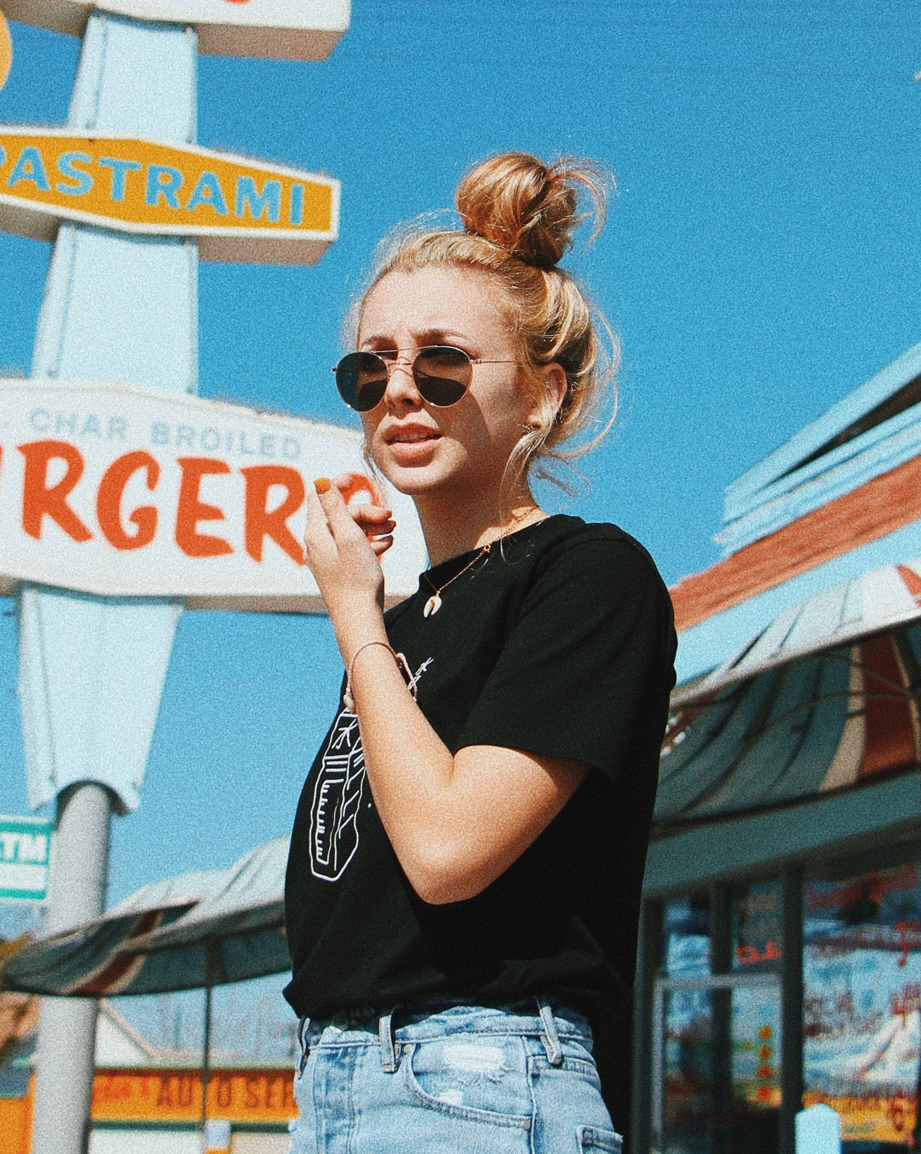 Emma Chamberlain, sunglasses, black tee, Full HD Phone Wallpaper