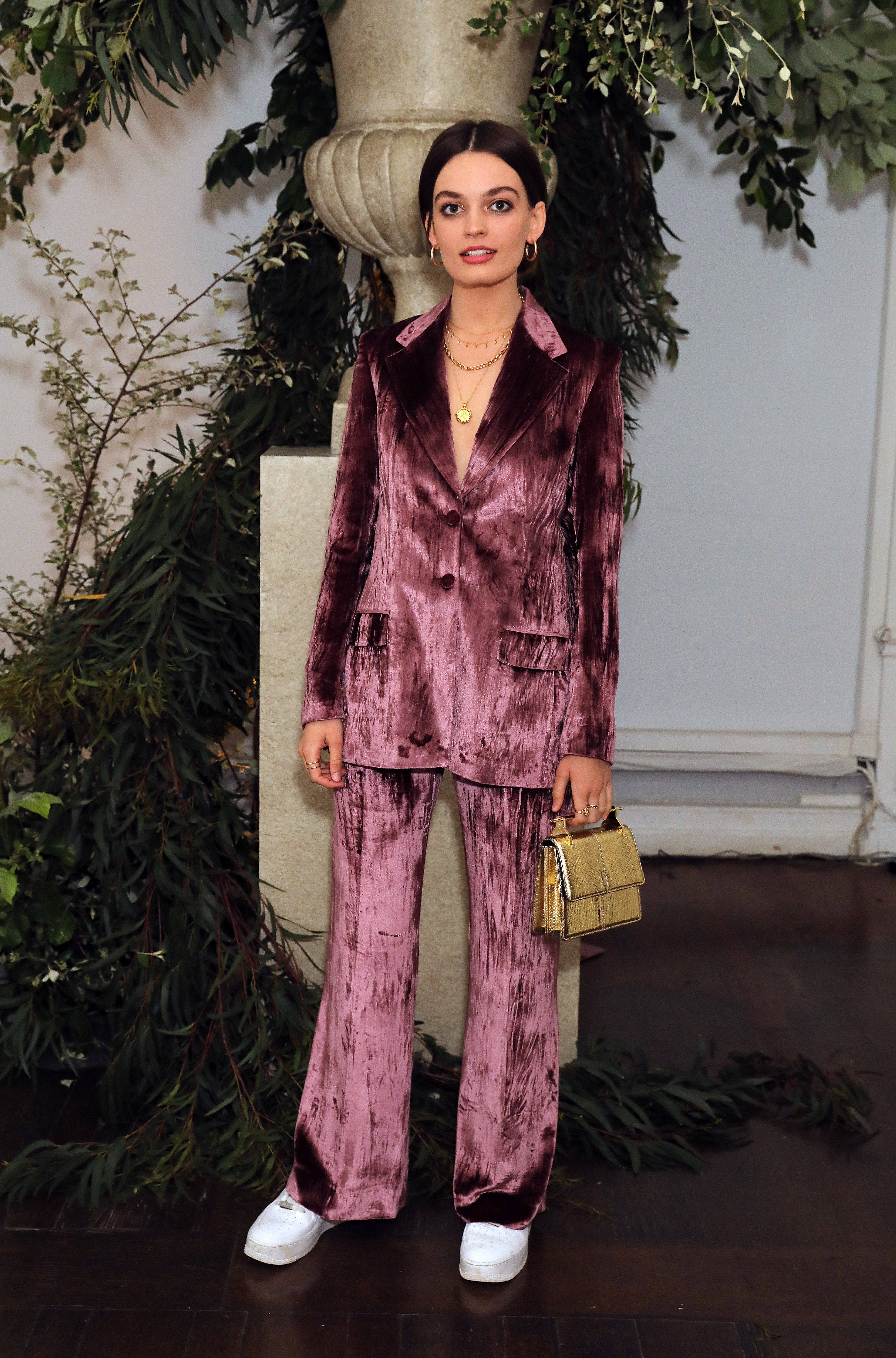 Emma Mackey, plush mauve velvet suit, stone column, 5K Phone Wallpaper