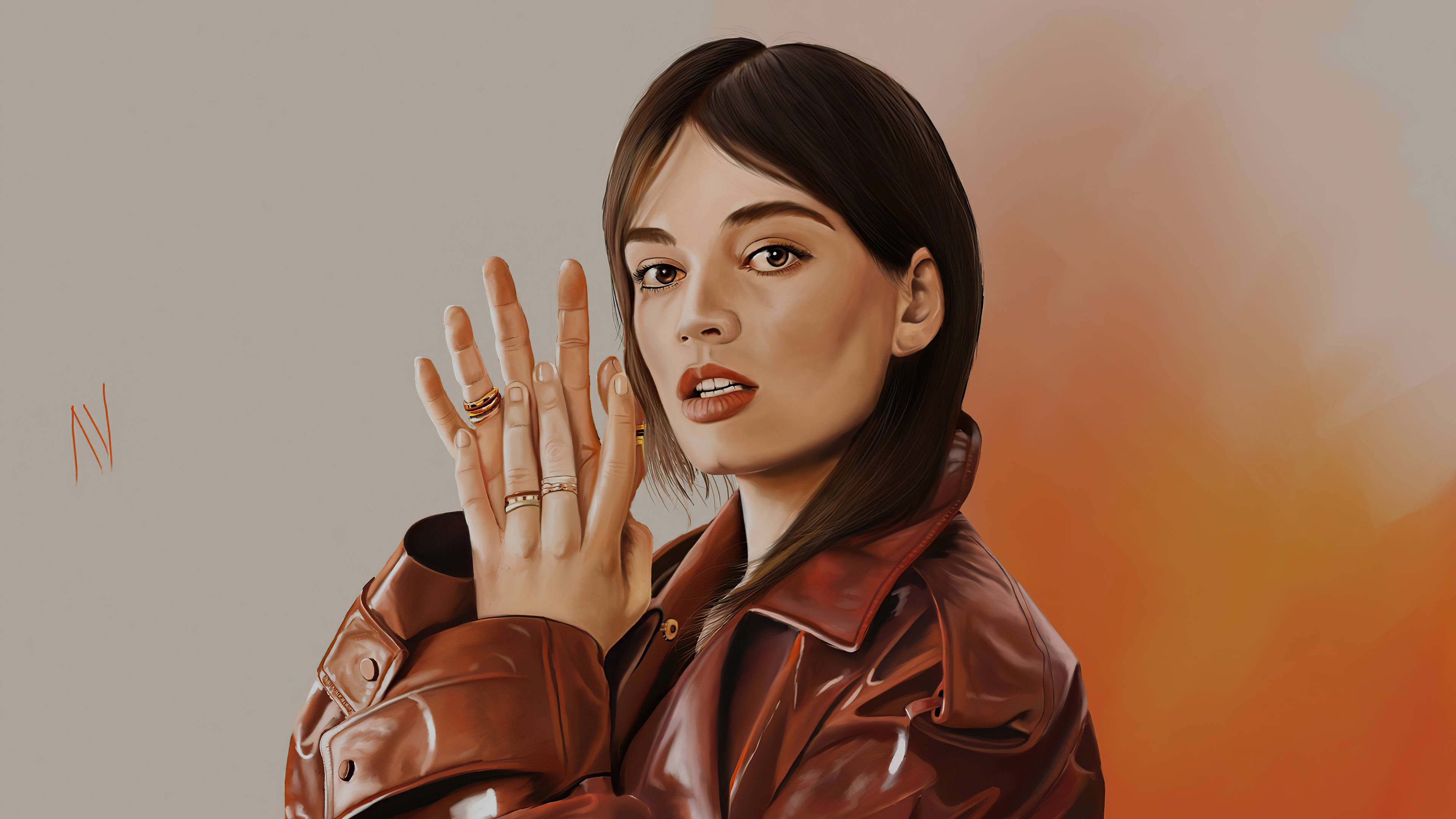 Emma Mackey, glossy brown leather jacket, rings, 4K Desktop Wallpaper