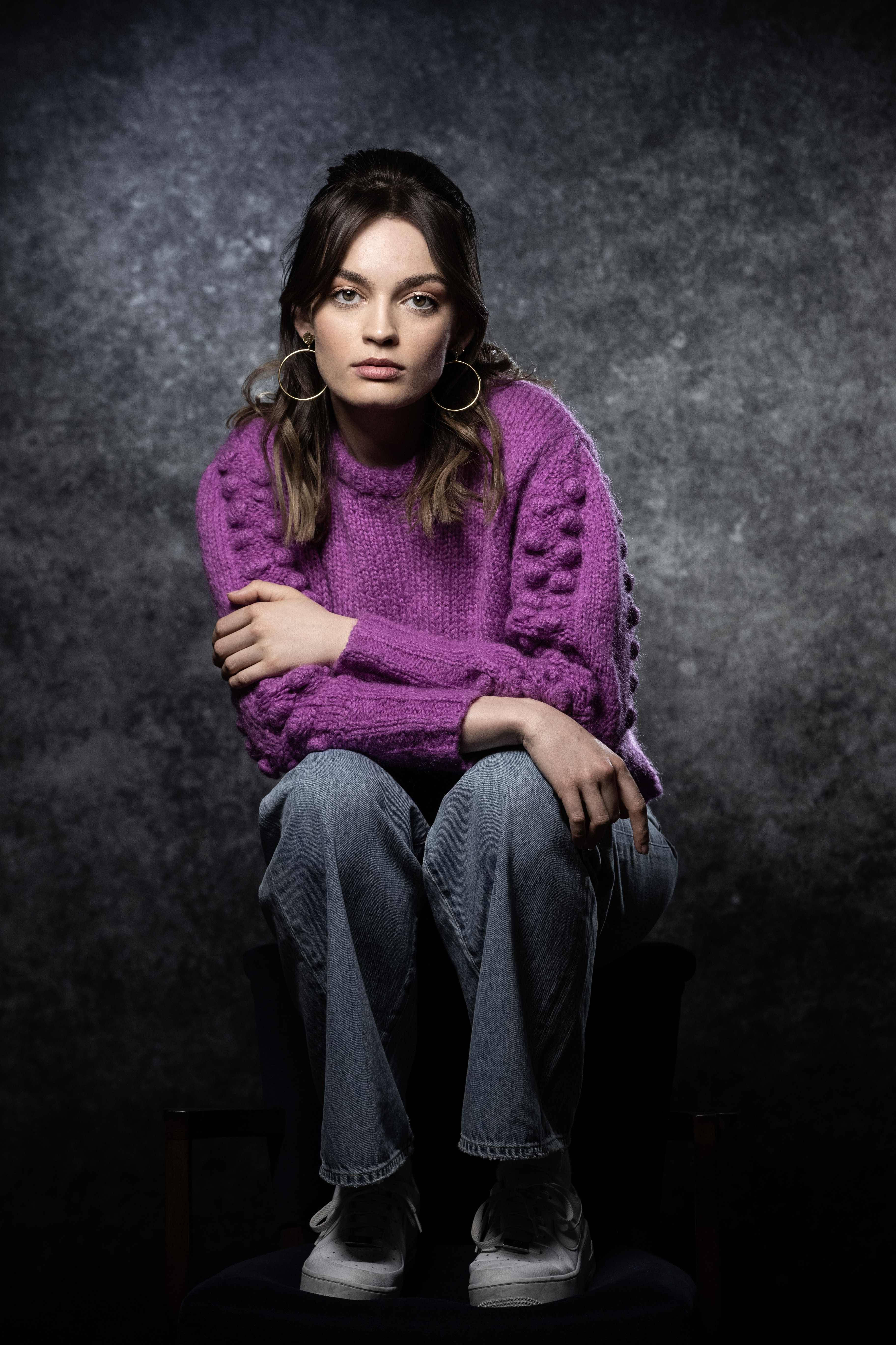 Emma Mackey, purple sweater, chunky sweater, 5K Phone Wallpaper