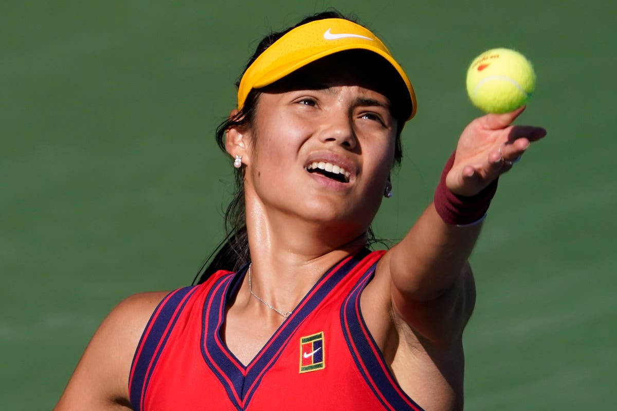 Emma Raducanu, red top, yellow visor, SD Desktop Wallpaper