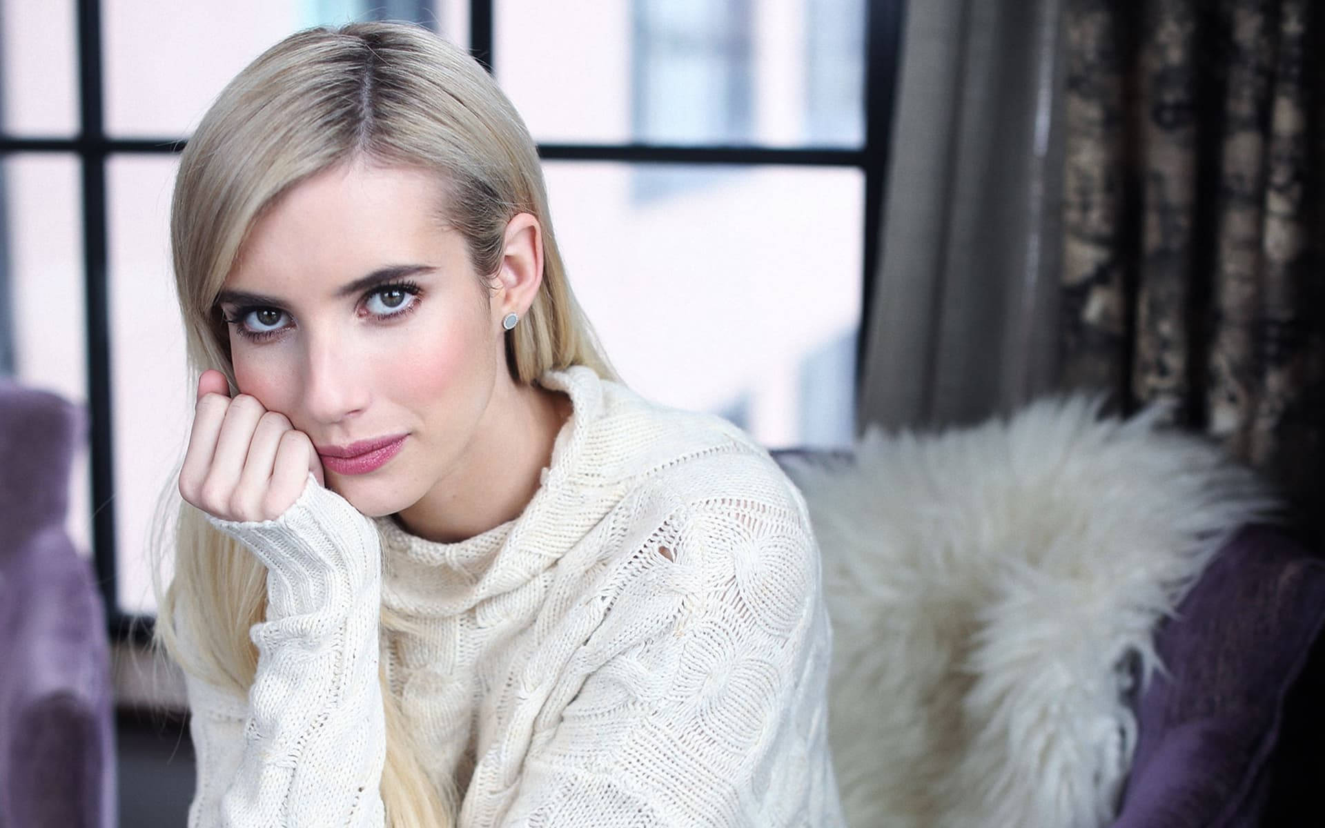Emma Roberts, blonde woman, cream knit sweater, Full HD Desktop Wallpaper