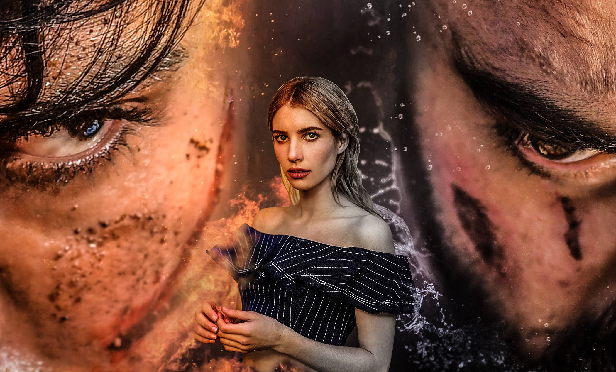 Emma Roberts, striped off-shoulder dress, giant fiery and watery eyes, Full HD Desktop Wallpaper