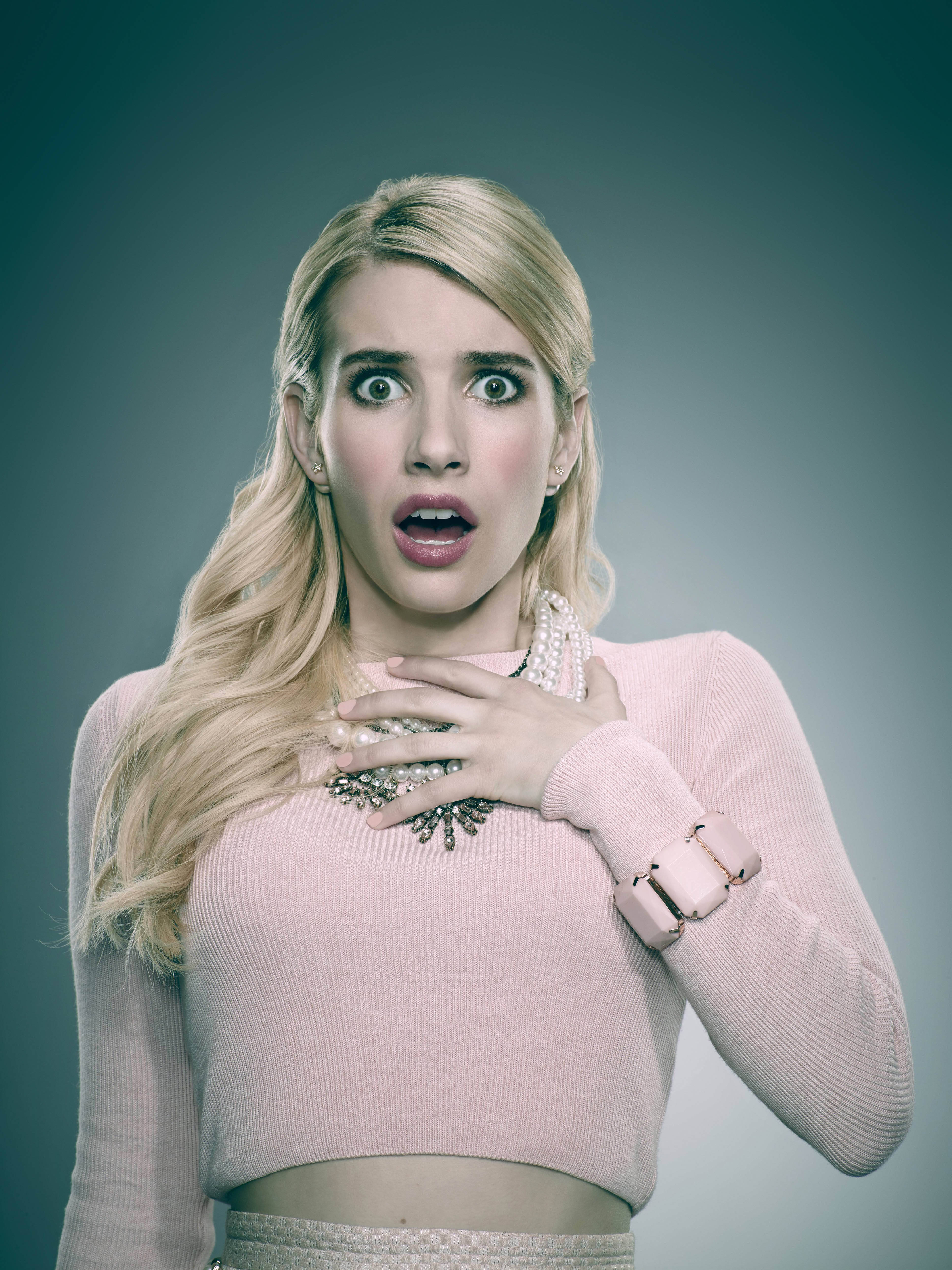 Emma Roberts, blonde woman, pink sweater, 4K Phone Wallpaper