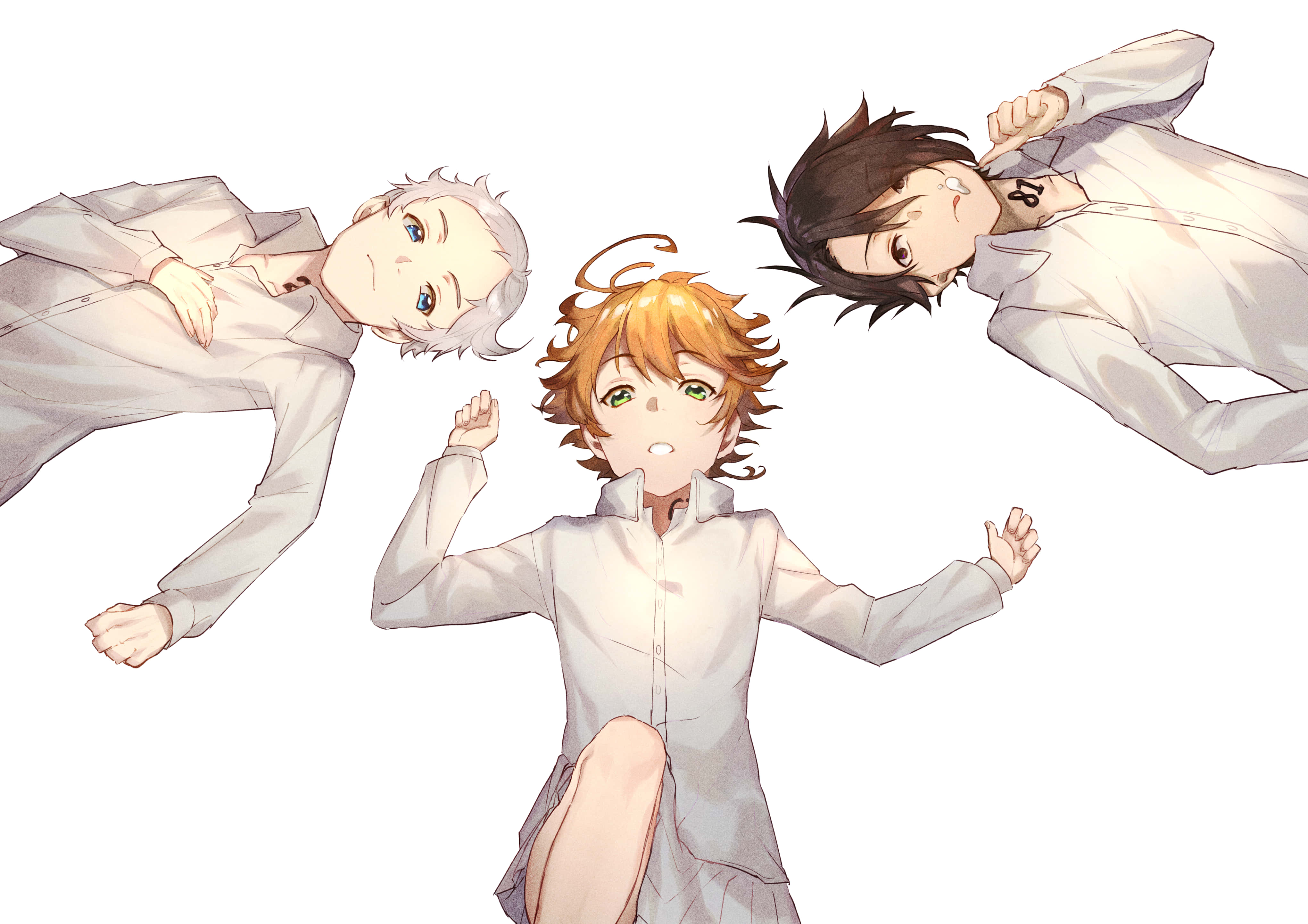 Emma The Promised Neverland, white shirts, plain white background, 4K Desktop Wallpaper