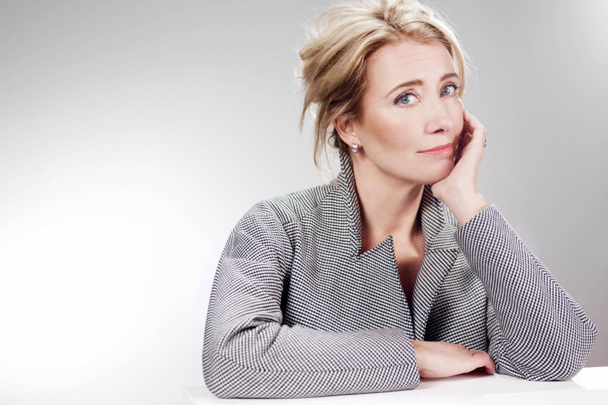 Emma Thompson, blonde woman, houndstooth blazer, Full HD Desktop Wallpaper