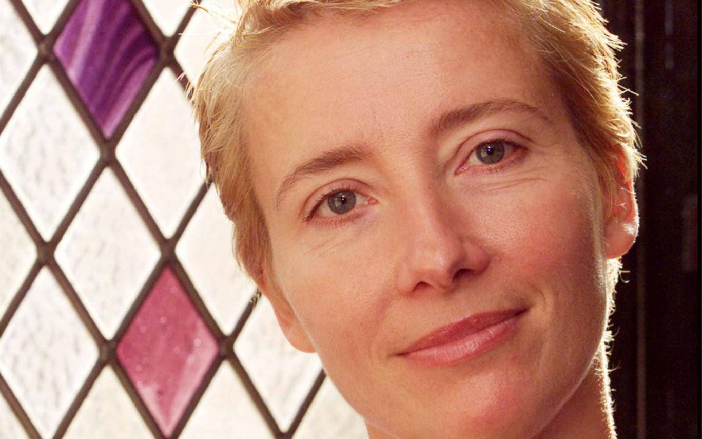 Emma Thompson, short blonde hair, diamond-patterned stained glass window, HD Desktop Wallpaper